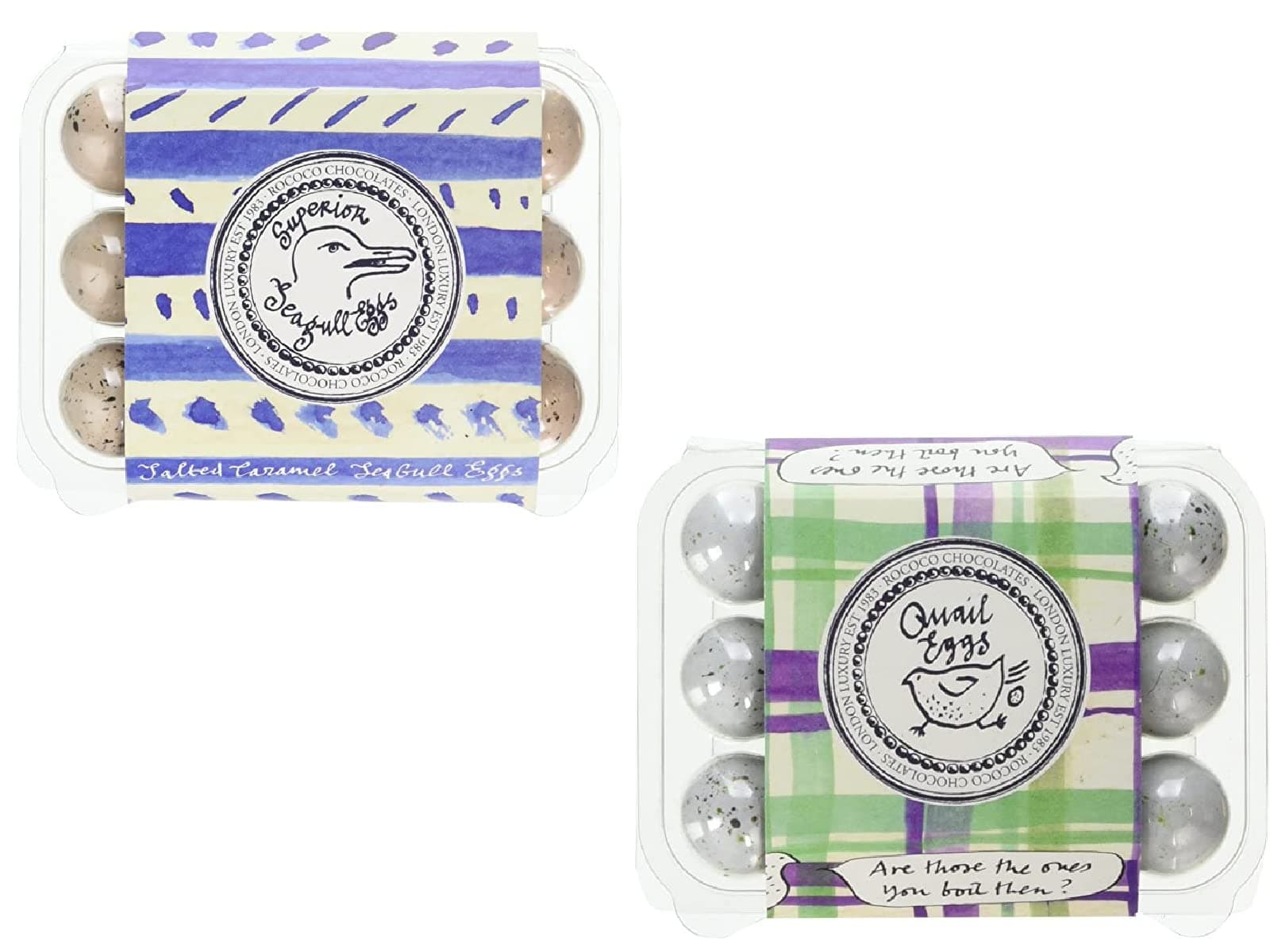 Rococo Chocolates - 1 x Salted Caramel Seagull Eggs 145g 1 x Praline Quail Eggs 145g