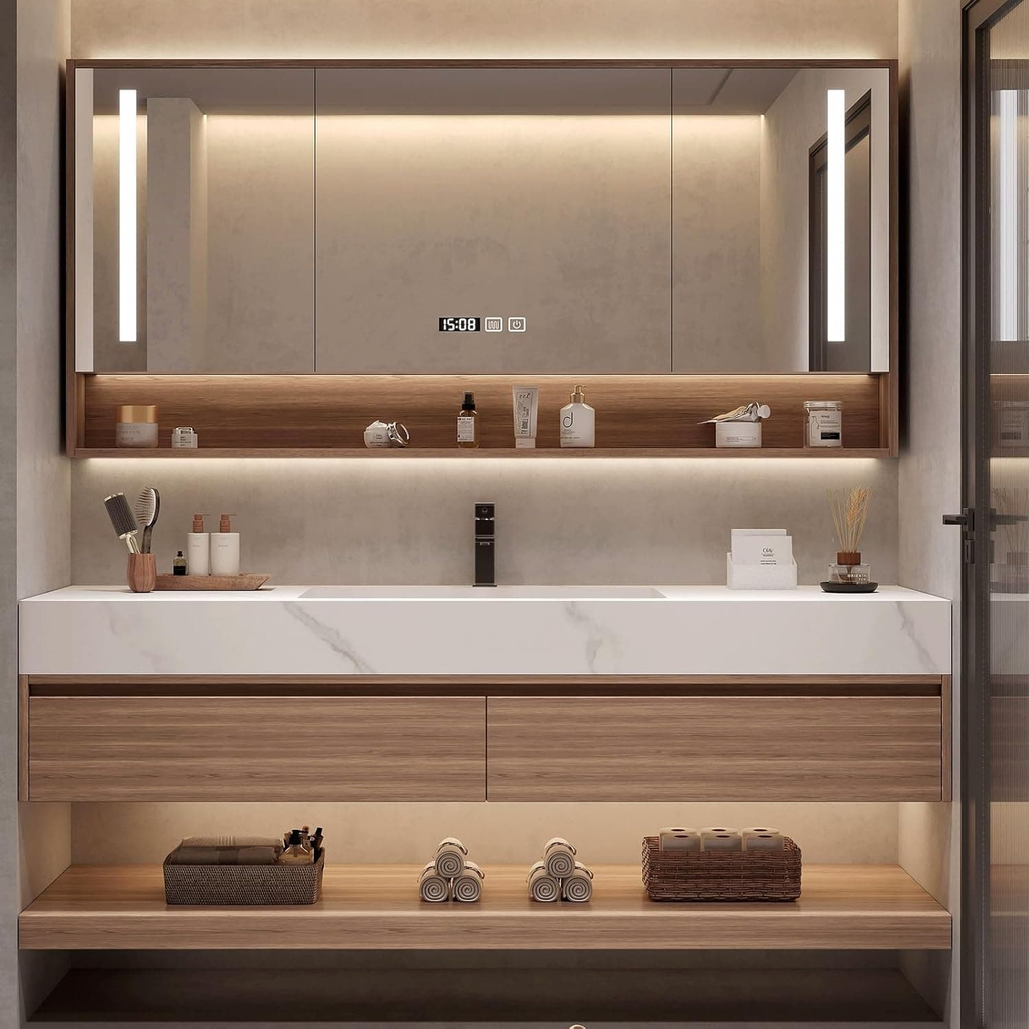 Wood Bathroom Vanity Set - LED Defogging Mirror | Wall Mounted Bathroom Vanity with Sink Include Open Storage & Mirror Cabinet Storage & 2 Drawers (34'')