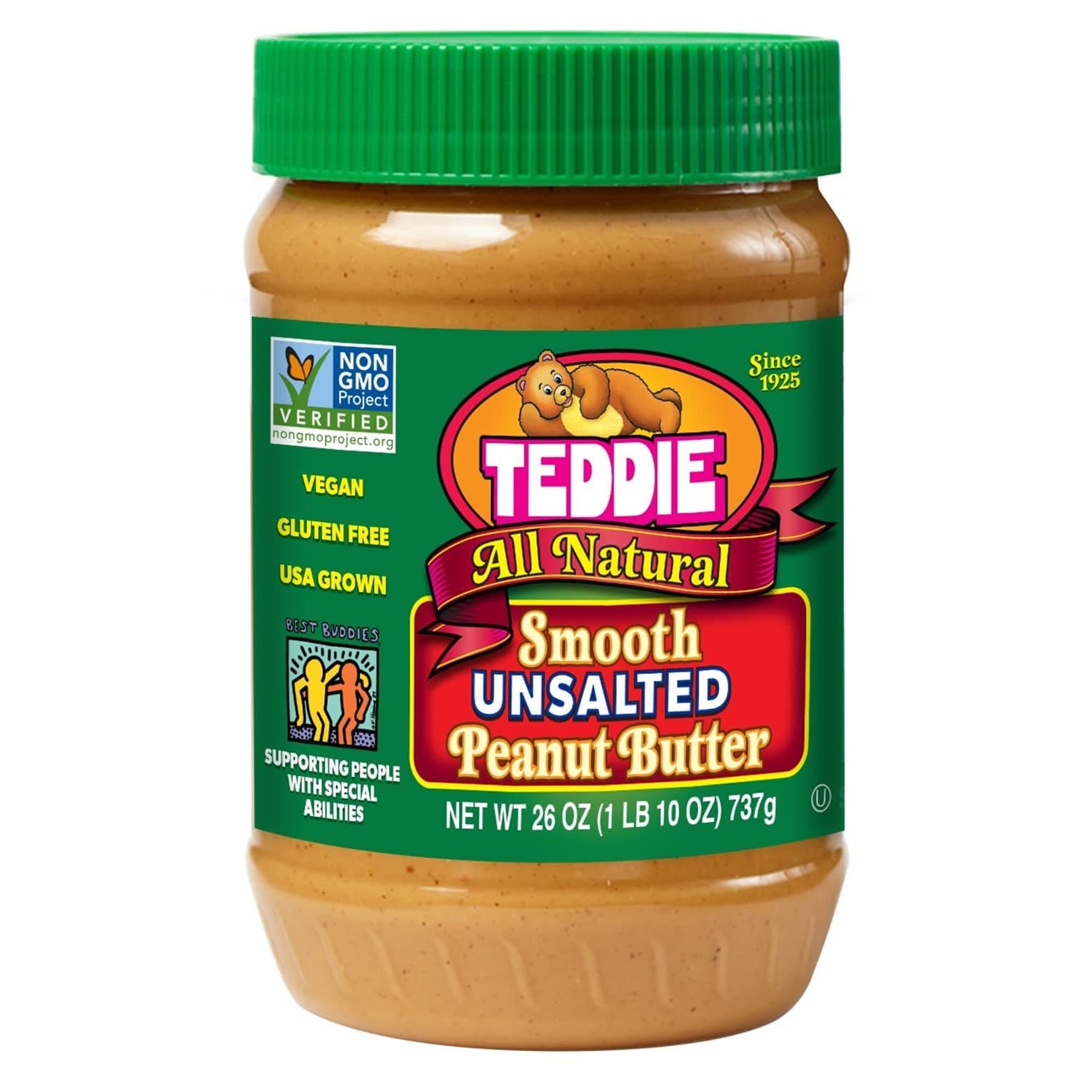 Teddie All Natural Smooth Unsalted Peanut Butter, Gluten Free & Vegan, Plastic Jar (26 Ounce (Pack of 1))