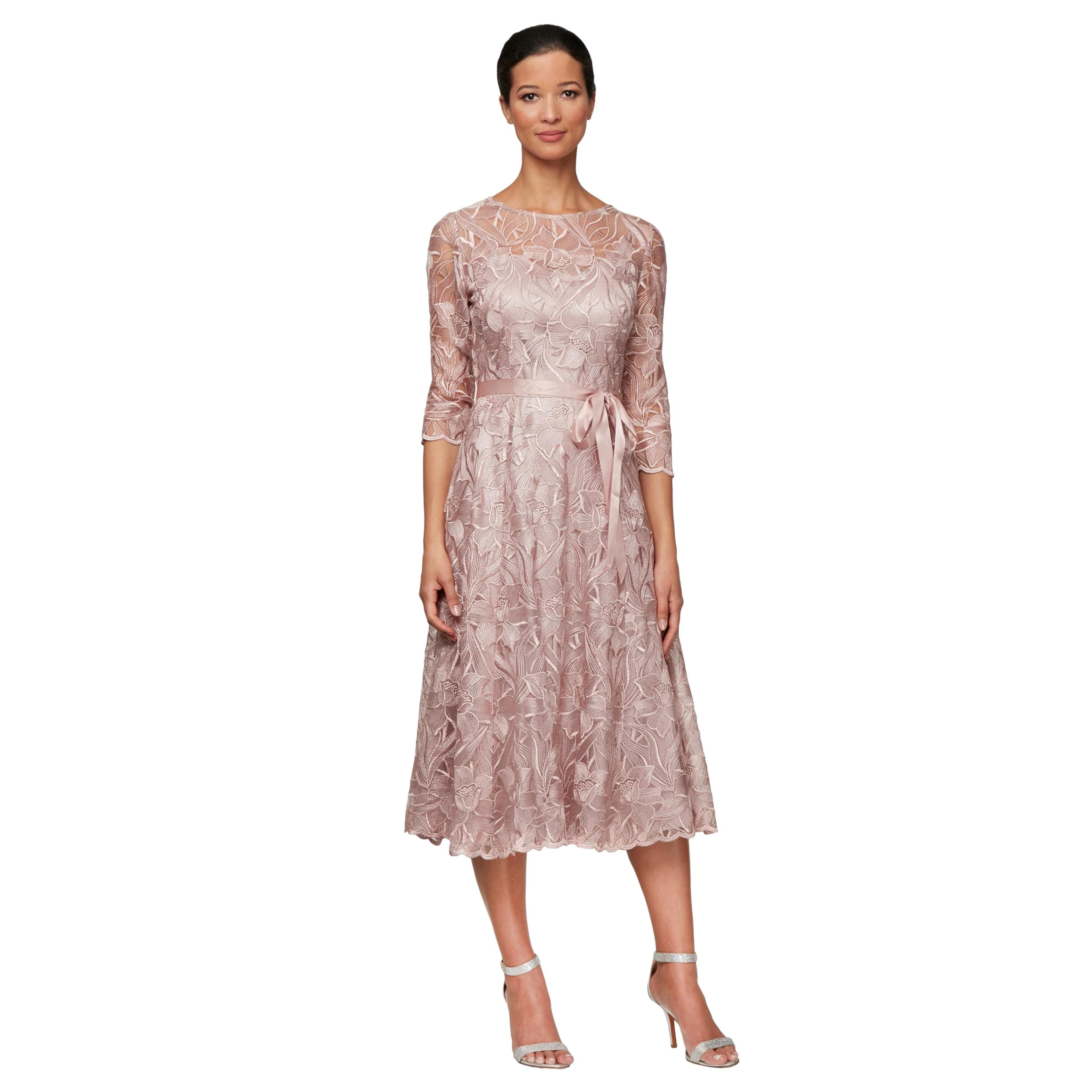 Womens Tea Length Embroidered Cocktail Dress with Illusion Sleeves, Wedding Guest (Petite and Regular Sizes)