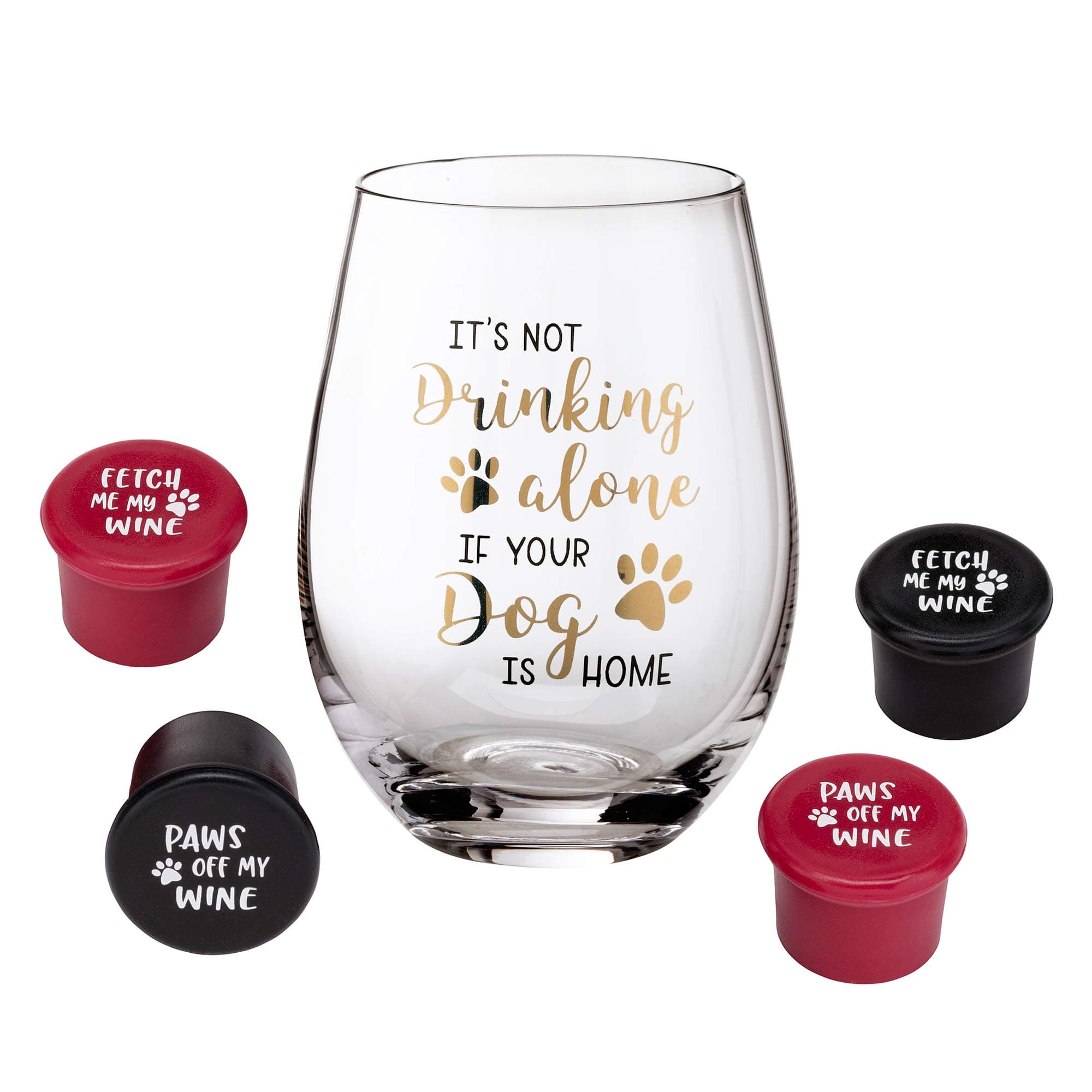 Lillian Rose Dog Lover Glass with Funny Saying and 4 Wine Bottle Stoppers, 10"x6", Multi