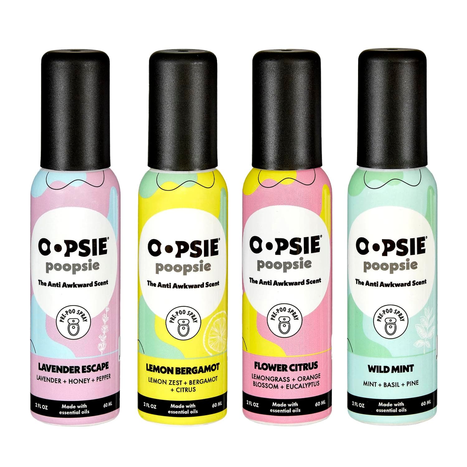 - Oopsie Poopsie Toilet Spray, Travel Essentials, Each Up to 300 Uses, On-The-Go Bathroom Odor Deodorizer with Essential Oils, TSA Approved Size, Asorted Scents 4 Pack, 2 Fl Oz