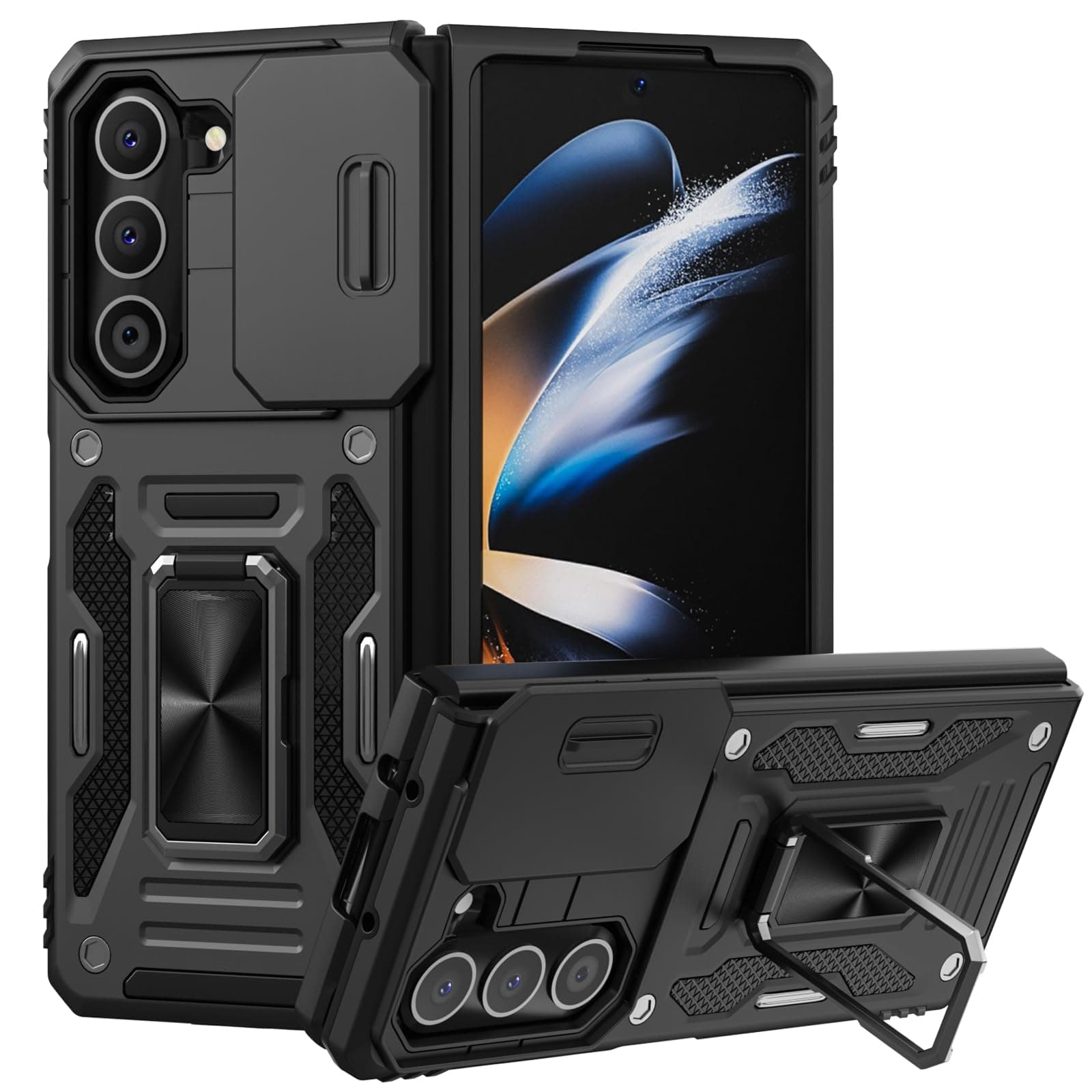 Giolus for Samsung Galaxy Z Fold 5 Case [Slide Camera Cover Protection] Military Grade Shockproof Phone Case with 360° Rotatable Kickstand, Rugged Armor Protective Bumper Case for Z Fold 5 Black