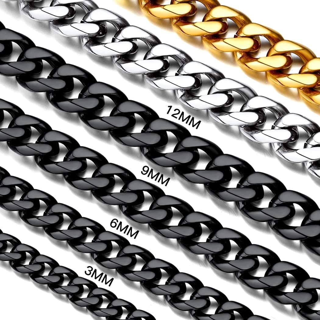 Suplight 3mm/6mm/9mm/12mm Miami Curb Cuban Link Chain for Men Women, 316L Stainless Steel /18K Gold/Black Plated Mens Jewelry Hip Hop Chain 18"/20"/22"/24"/26"/28"/30"