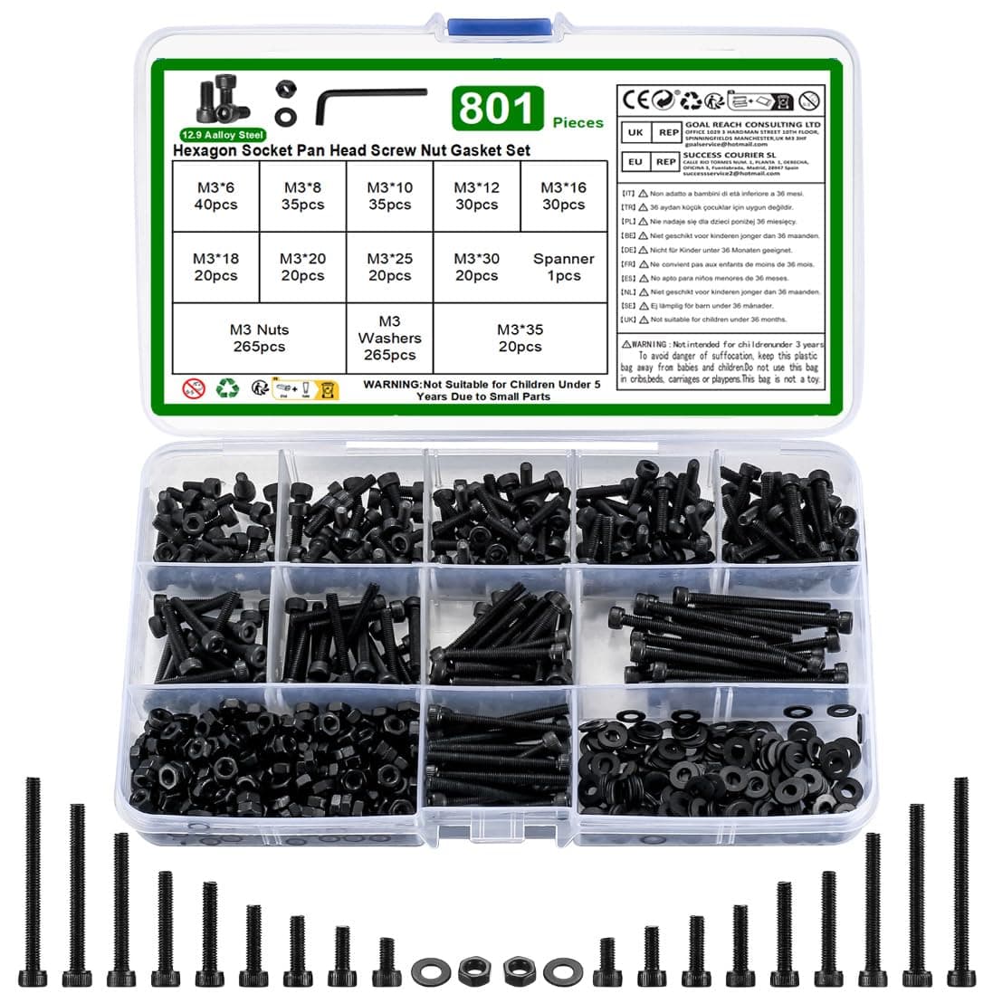 M3 Nuts and Bolts Set, 801 Pcs Hexagon Socket Head Cap Screws, Black Hex Socket Cap Head screws, Machine Screws Bolts and Nuts and Flat Washers Assortment Kit, for Bicycle Motorcycle Repair