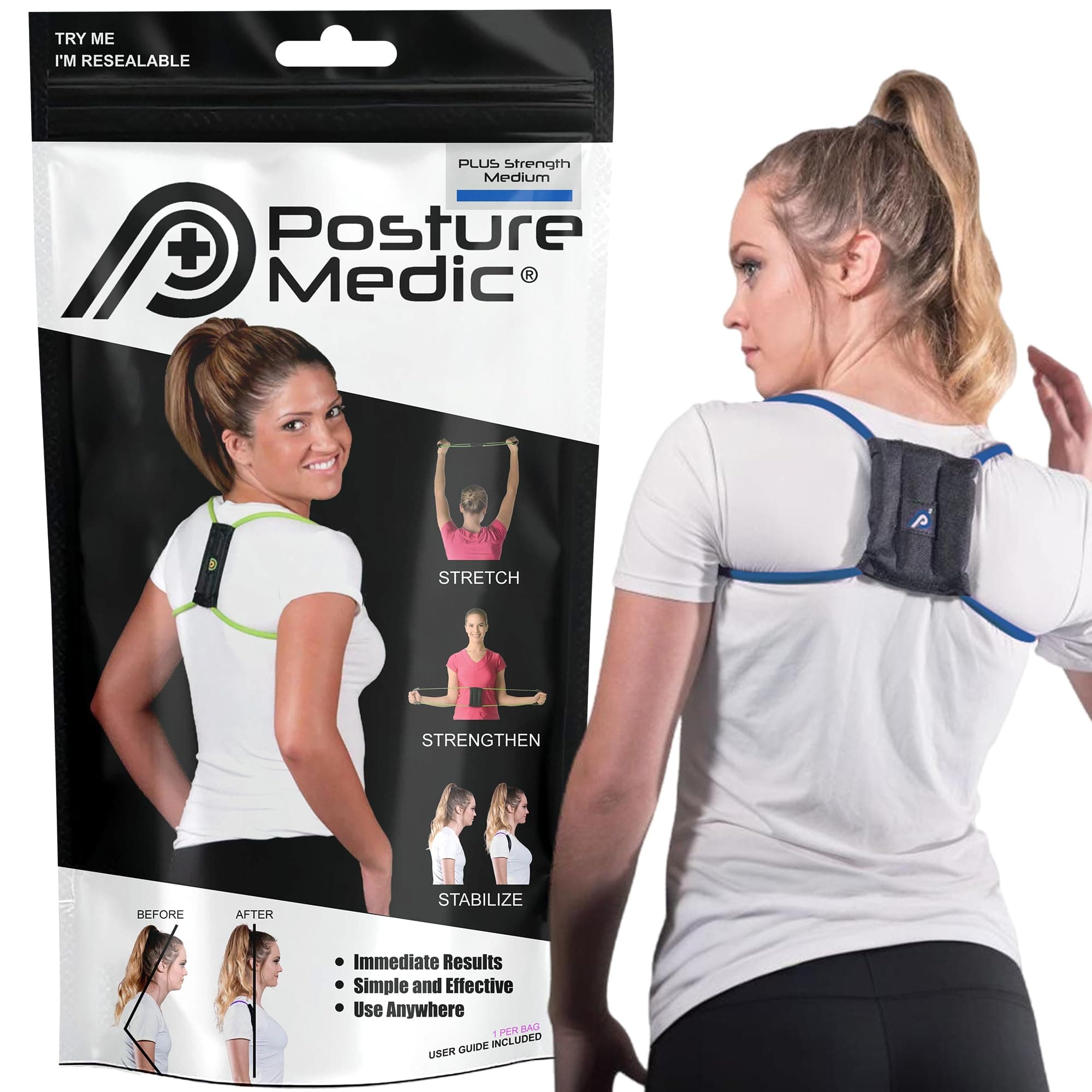 PRIMEKINETIX PostureMedic Dynamic Posture Corrector - Active Resistance Training System for Upper Back Strengthening & Shoulder Alignment - Stretches Chest, Strengthens Back - Doctor Recommended - Size M (Blue)