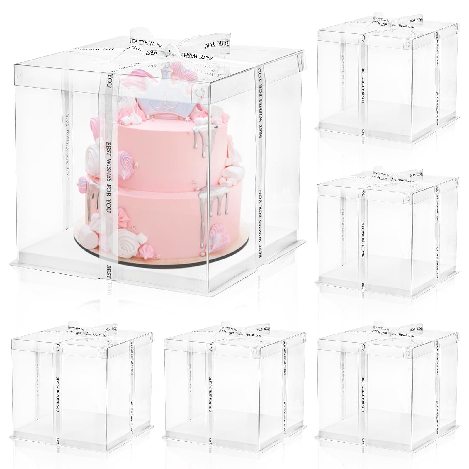 6 Pcs Clear Cake Box with Ribbon 2-Layer 10x10x10 Inch, Transparent Cake Carrier Box with Lids, PET Tall Cake Packaging Boxes, Clear Gift Boxes for Birthday, Wedding and Festival Party