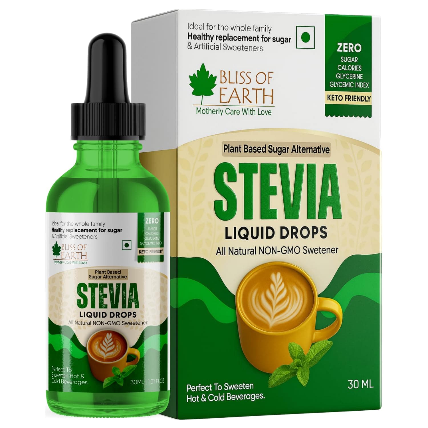 Stevia Liquid Drops Sugar free Zero Calorie Diabetic and Keto Friendly Sugar Substitute Glycerin Free 99.8% REB Glass Bottle Pack 30ml