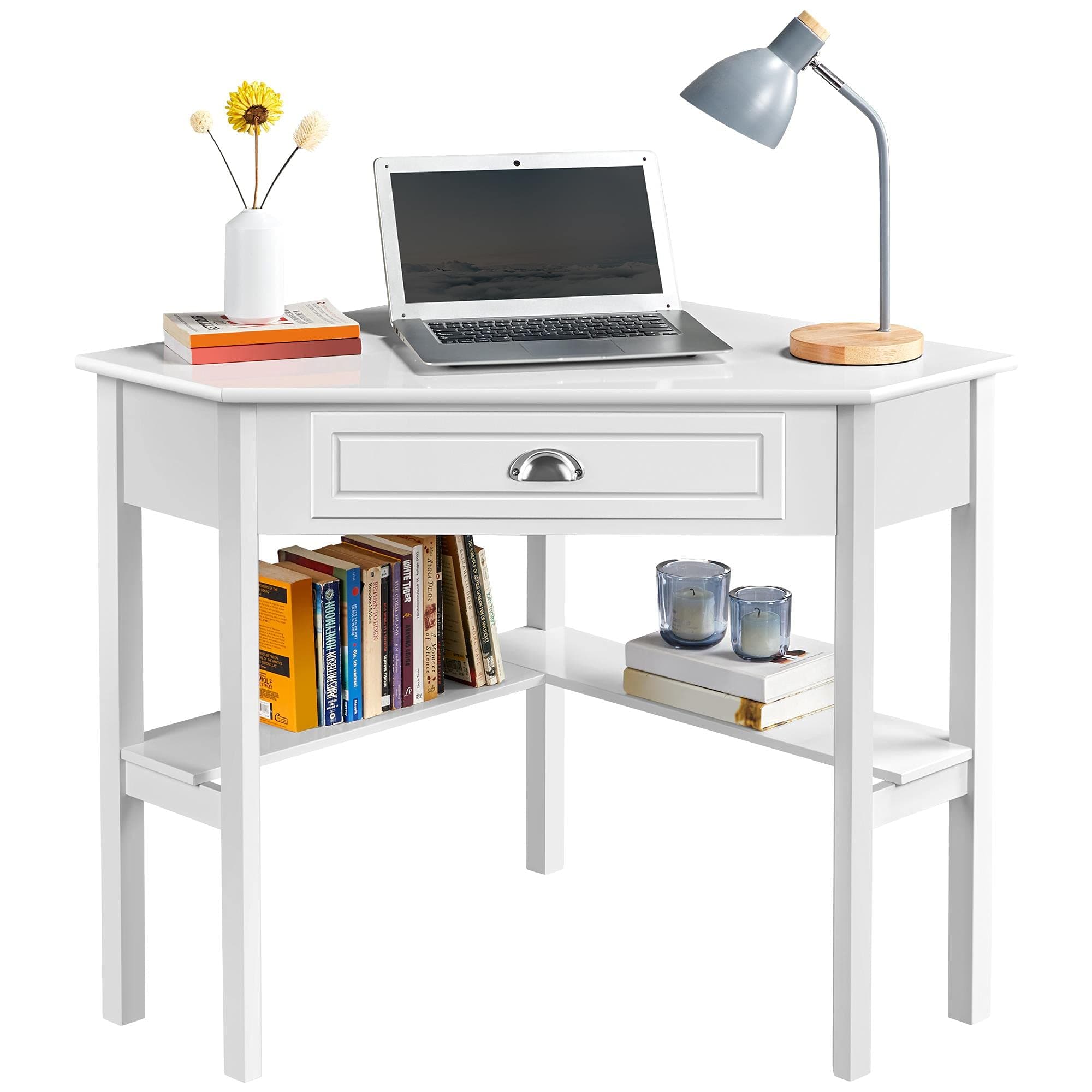 Yaheetech Modern L Shaped Corner Computer Desk, Office Work Desk Triangle Dressing Table for Small Spaces, Laptop Working Table with Storage Drawer & Shelves for Home Office, (106x71.5x76.5)cm, White