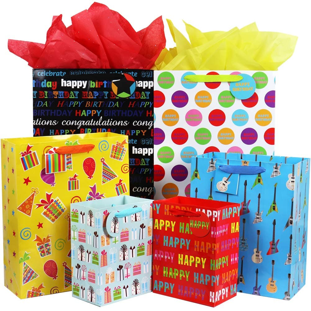 Fzopo Birthday Gift Bag Assortment with Ribbon Handle, 12 Pcs Premium Quality Assorted Sizes Paper Bags Set, XL 43x33x16.5, Large 38x30.5x12.2, Medium 22.9x17.8x10.7 cm (6 Designs)