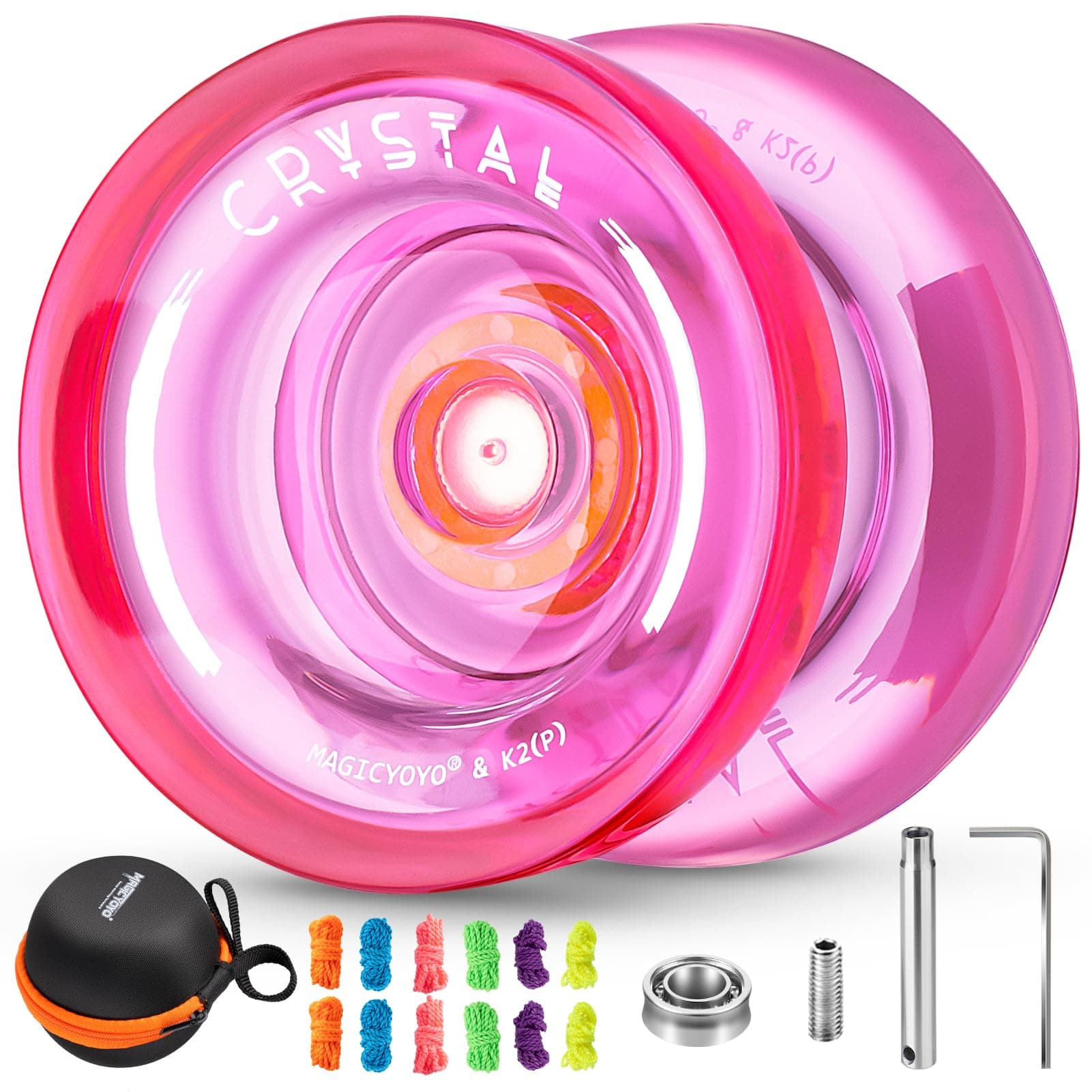 K2 Responsive Yoyo for Kids, Crystal Professional for Fingerspin Trick, Dual Purpose Plastic With Extra Unresponsive Bearing for Advanced + 12 Strings + Bag (Pink)