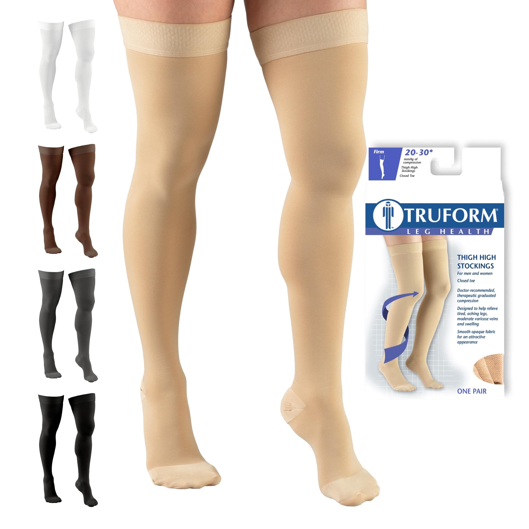 20-30 mmHg Compression Stockings for Men and Women, Thigh High Length, Dot Top, Closed Toe, Beige, Large