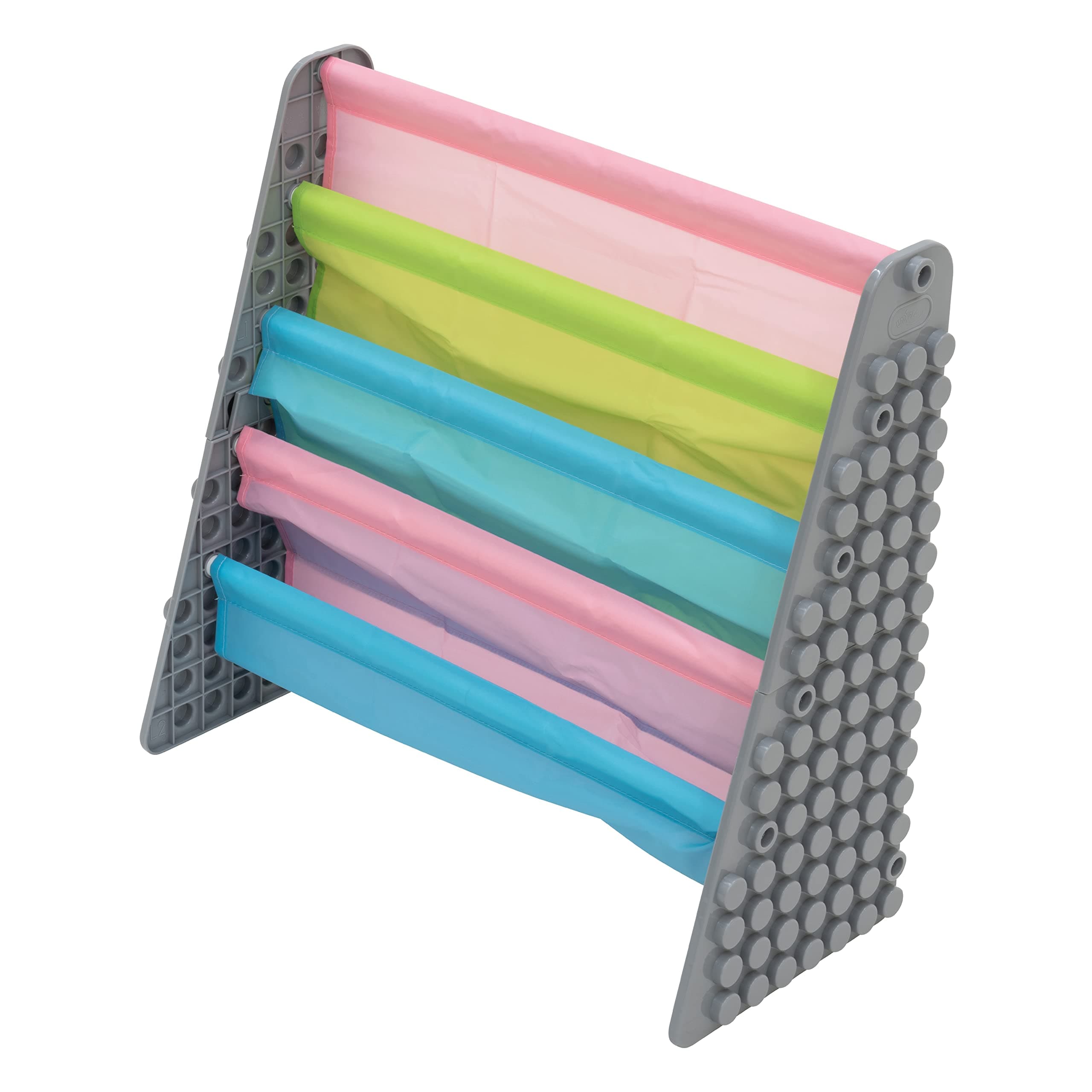 UNiPLAYKids 4-Tier Book Storage Organizer with Sling Book Pockets, Plastic Sling Rack Bookshelf for Playroom, Fits Blocks, Gray/Pastel