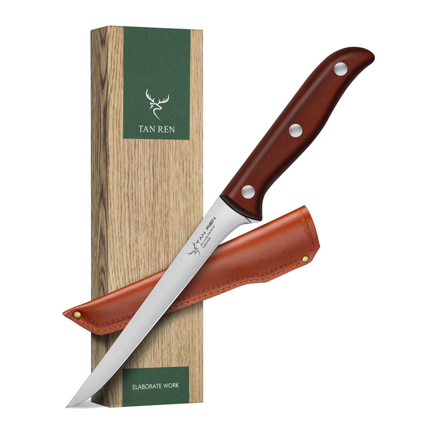 TAN REN Boning Knife - 6 Inch Stainless Steel, Flexible Curved Knife for Meat Cutting and Trimming, Includes Sheath