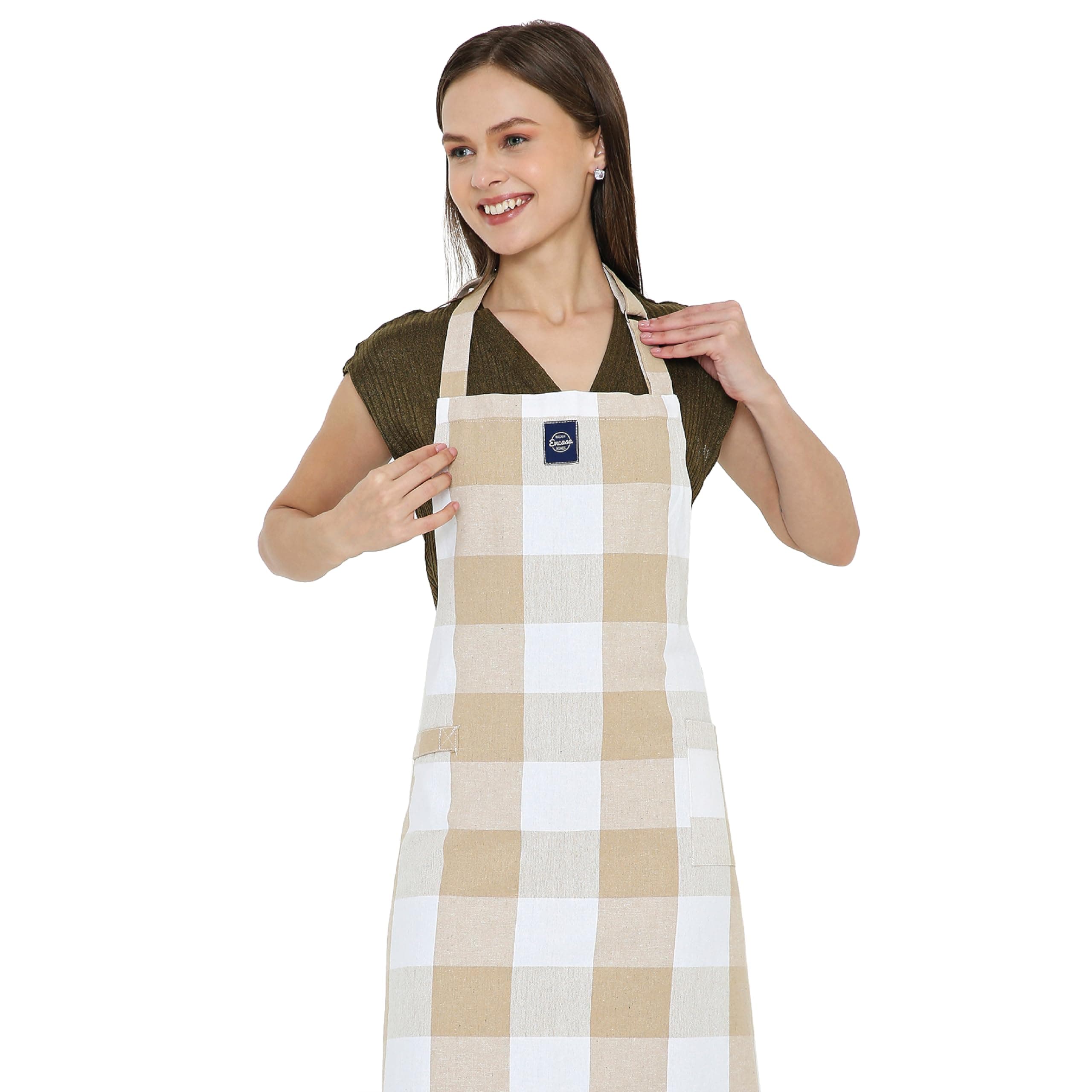 Encasa XO Apron for Kitchen for Men & Women, Cotton Fabric with Adjustable Straps, Pocket & Towel Holder for Easy cooking- Buffalo Beige Checks | 27"x33"