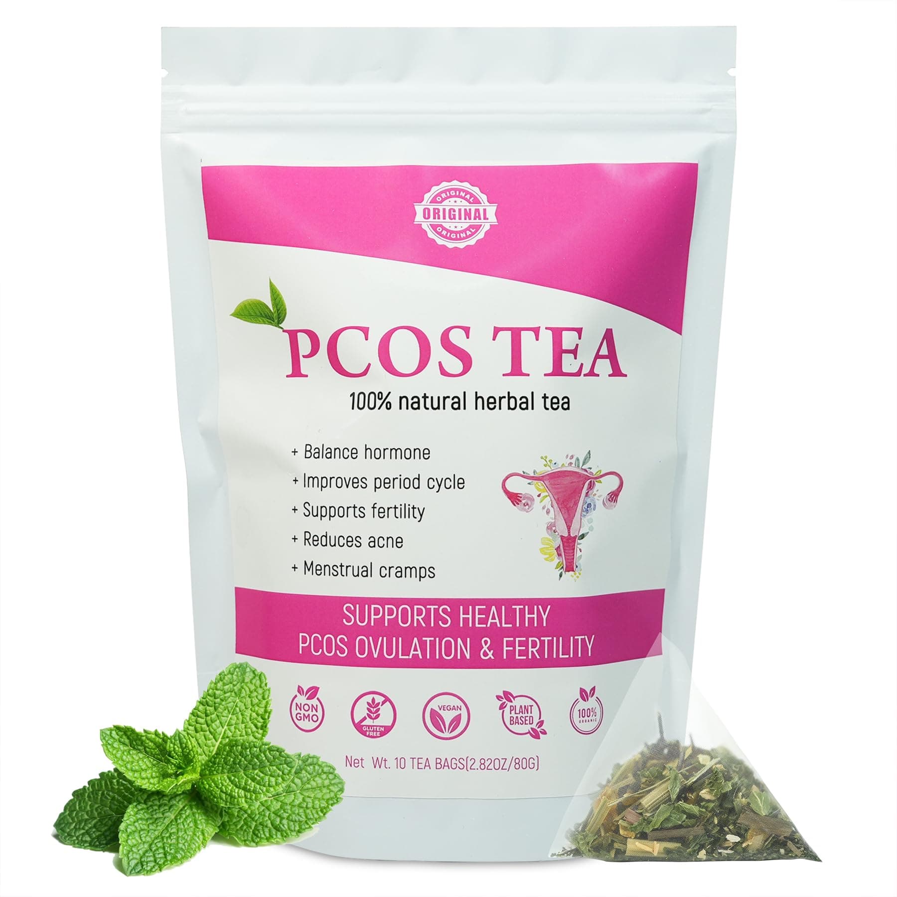Laicuherb PCOS Spearmint Tea, for Women Hormone Balance & Promote Relaxation and Helps with Hirsutism and Acne, 10 Tea Bags Organic Spearmint Tea for Healthy Ovulation and Fertility