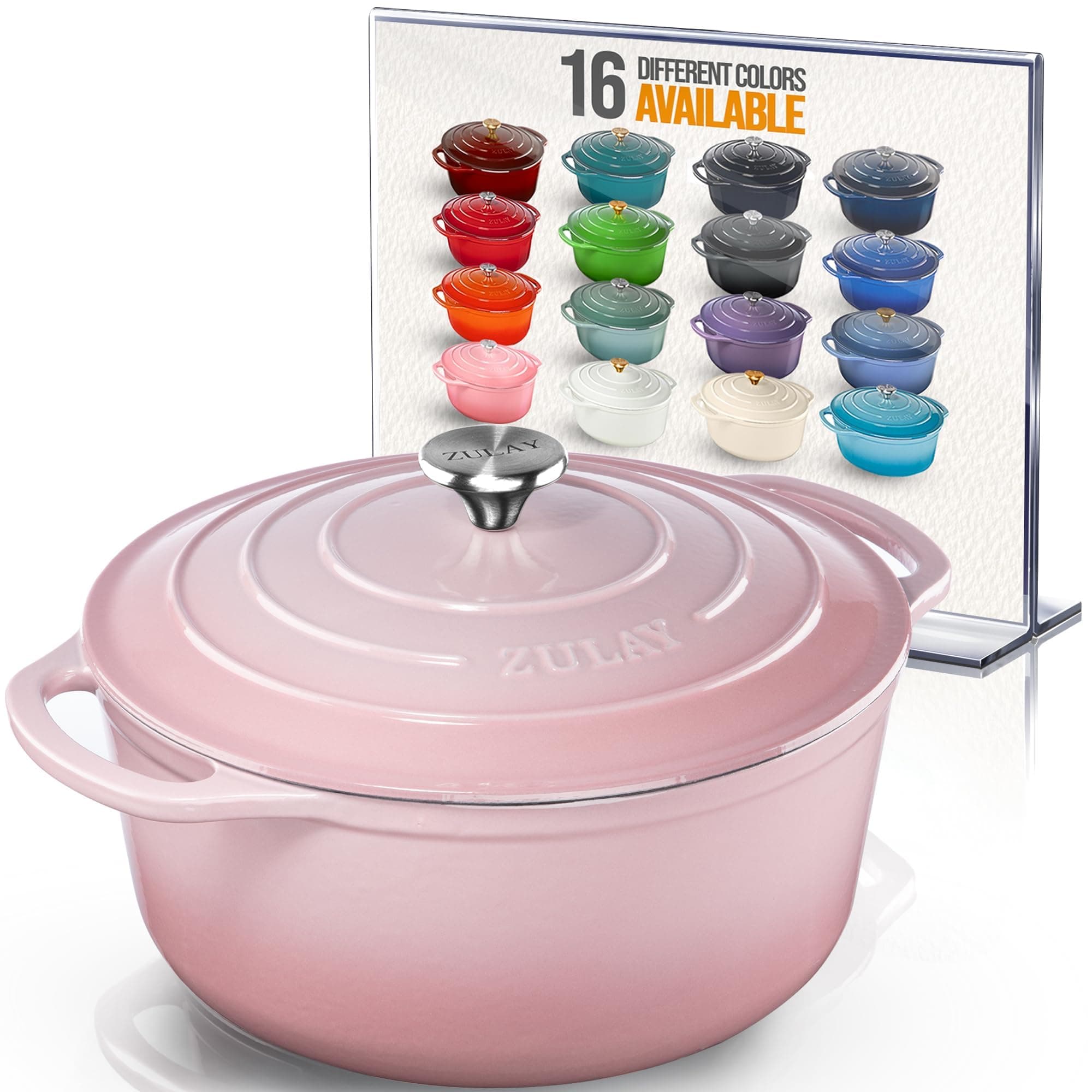 Zulay Kitchen 6 Quart Enameled Cast Iron Dutch Oven Pot with Lid – Premium Durability & Oven Safe up to 500°F – Heavy Duty Cookware Perfect for Bread Baking, Stews, Braising & Roasting - Pink