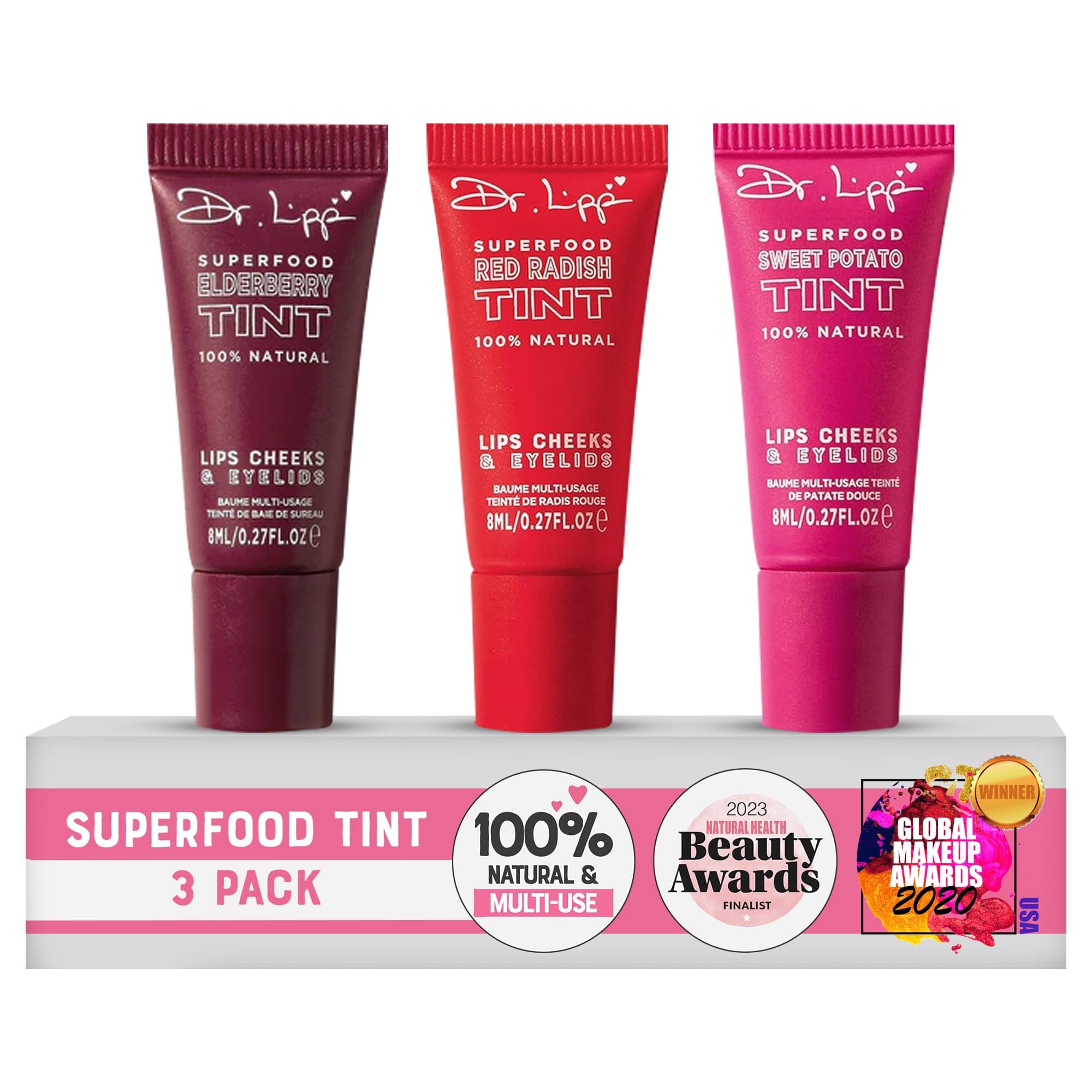 DR.LIPP, Superfood Tints. 4-In-ONE. Lip Gloss, Lip Tint, Cheek Blush, Tinted Eye Gloss. 100% natural. 3 x 8ml Tubes.