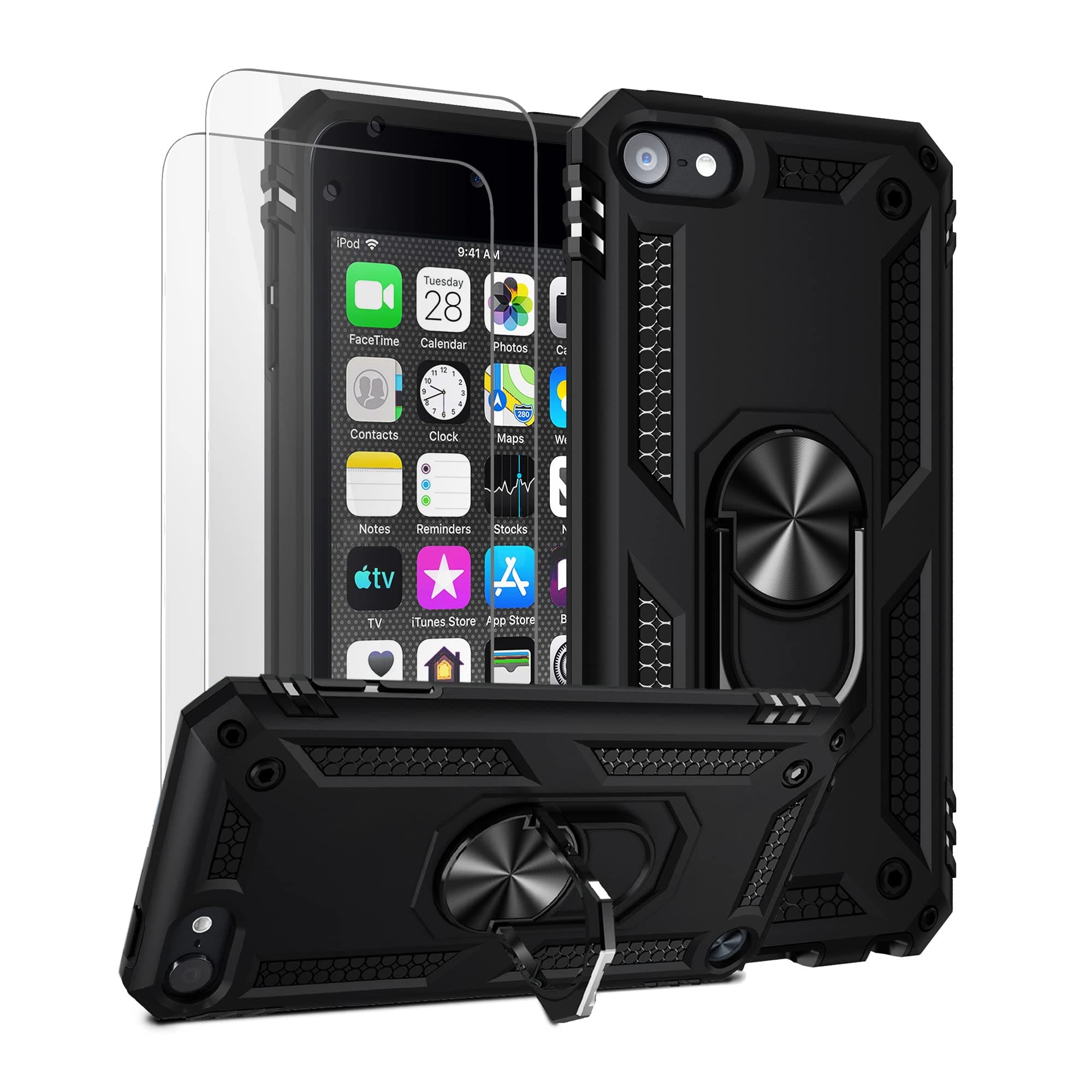 Compatible with iPod Touch 7 Case/iPod Touch 6 Case with 2 HD Screen Protectors, Hybrid Rugged Shockproof Cover with Built-in Kickstand for iPod Touch 7th/6th/5th Generation (Black)