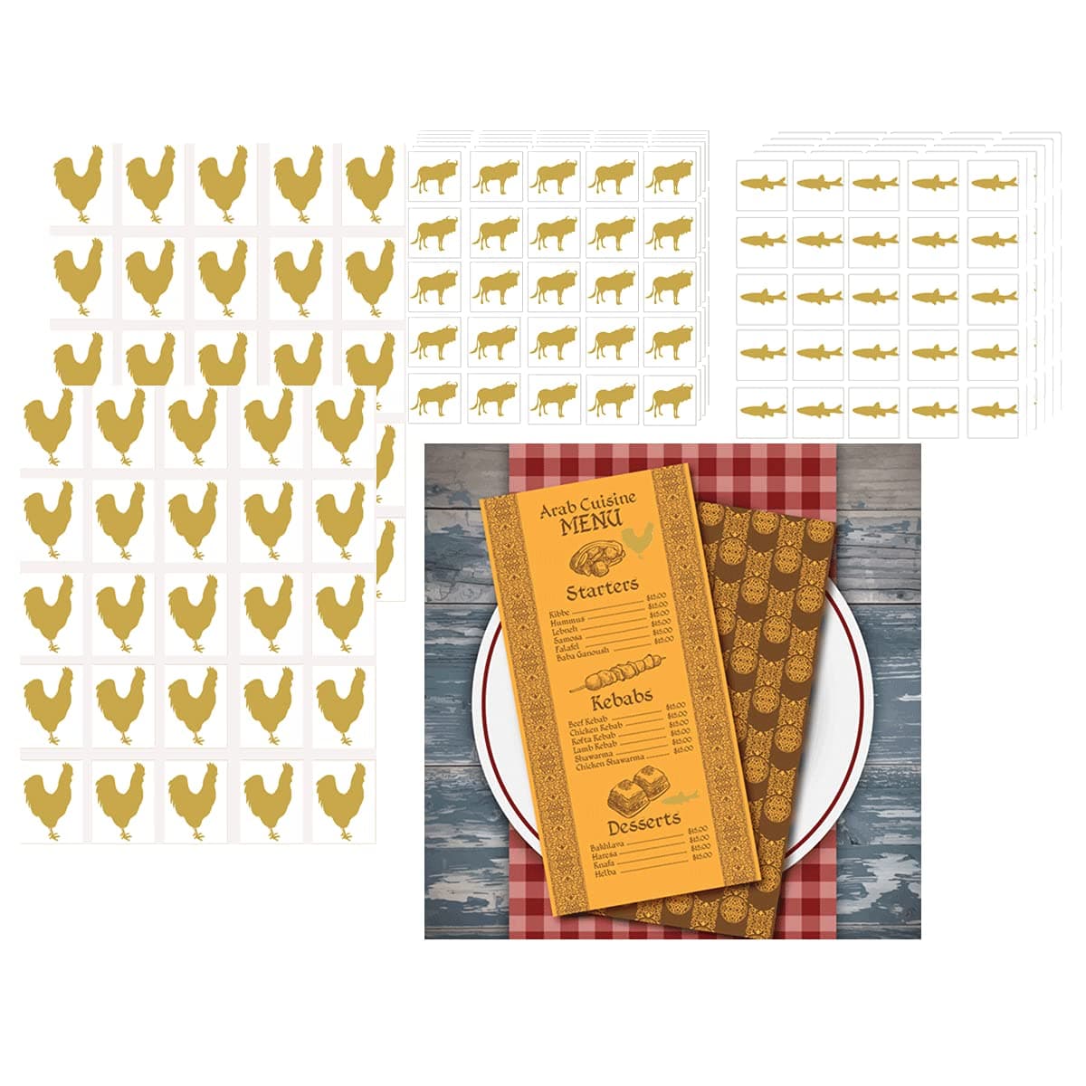 Wedding Meal Choice Stickers for Place Cards 1 Inch Gold Meal Sticker Wedding Meal Indicator Stickers-Place Card Menu Choices for Wedding Banquet, Black, Fish Chicken 300 Pcs Catering Food Stickers