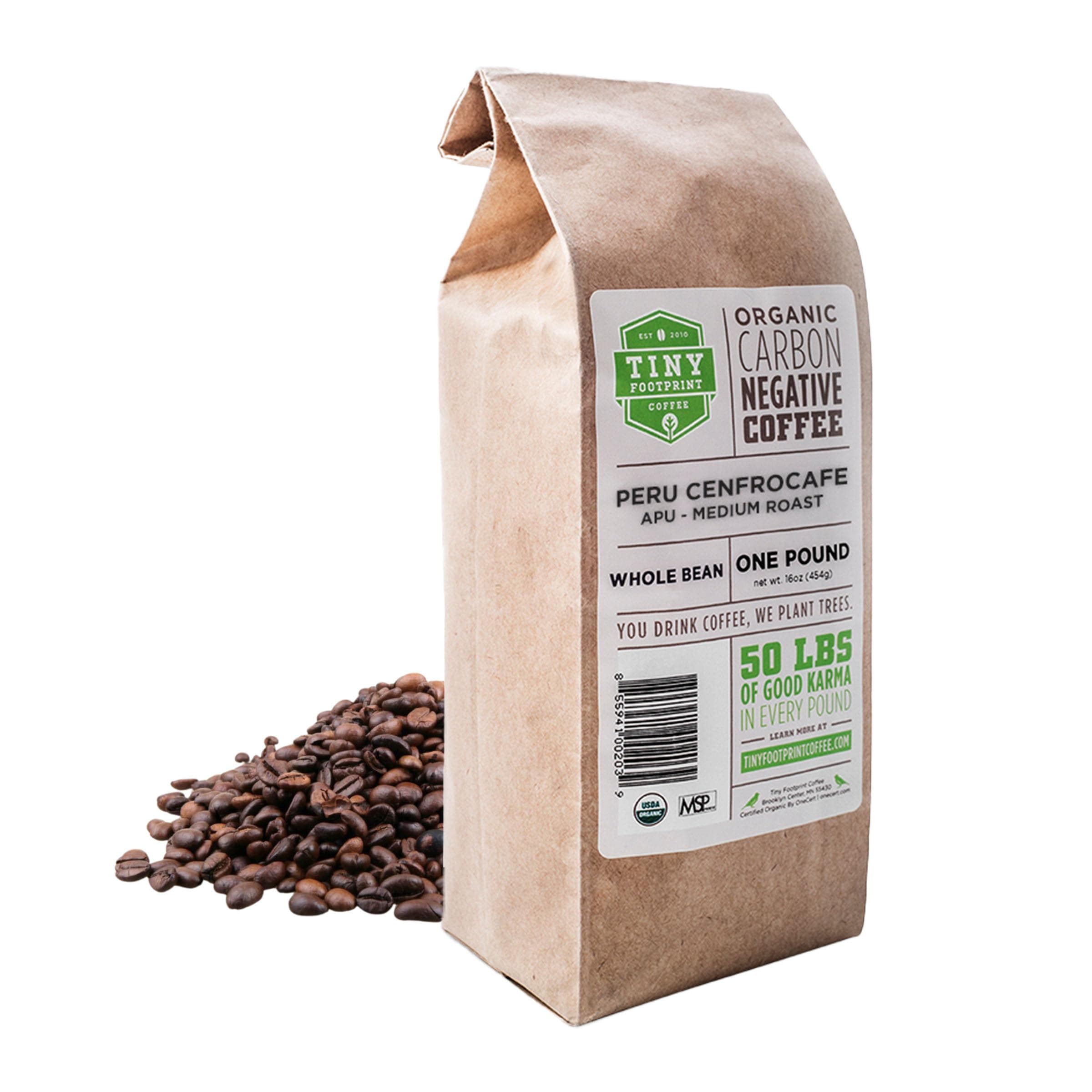 Tiny Footprint Coffee - Fair Trade Organic Peru APU Medium Roast - Whole Bean Coffee, USDA Organic & Carbon Negative - You Drink Coffee, We Plant Trees, 16 Ounce,9849109
