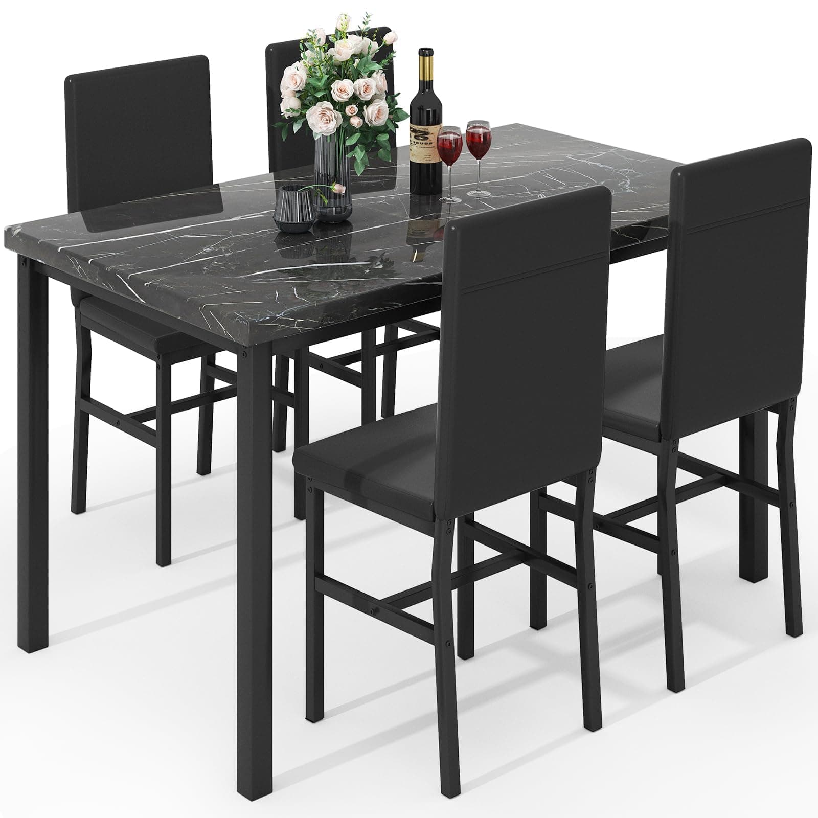 Hooseng Dining Table Set for 4, Modern Faux Marble Kitchen Table with 4 PU Leather Chairs, 5 Piece Dining Room Sets for Dinette, Breakfast Nook, Black
