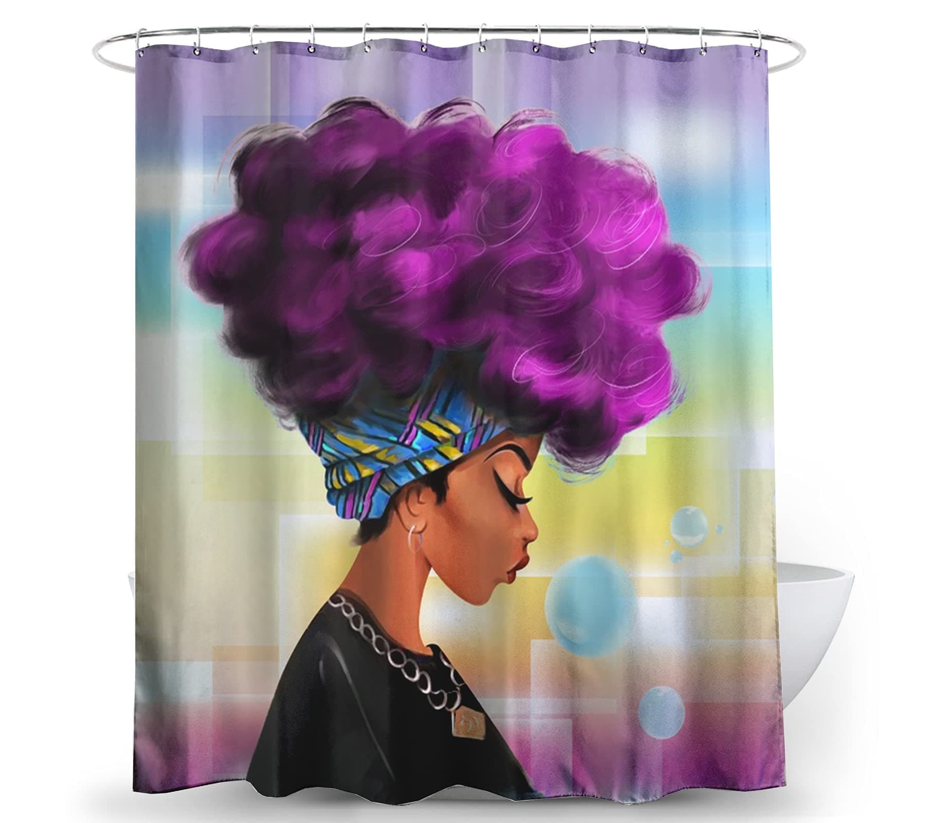 Ao blare Purple Hair Lady Afro Women Shower Curtain Hairstyle Watercolor Afracan Women Curtain for Bathroom Decor Set72X72Inch