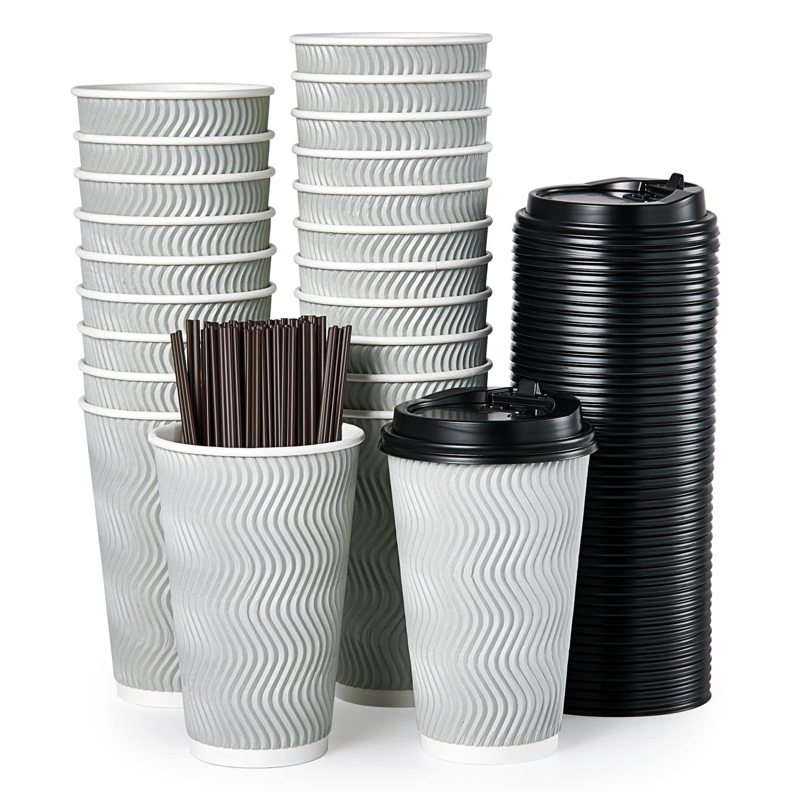 MUCHII 16 oz Disposable Coffee Cups, 80 Count 16 oz Paper Coffee Cups With Lids & Straws, Insulated Ripple To Go Coffee Cups 16 oz for Tea, Hot Chocolate and Drinks (Silver grey)
