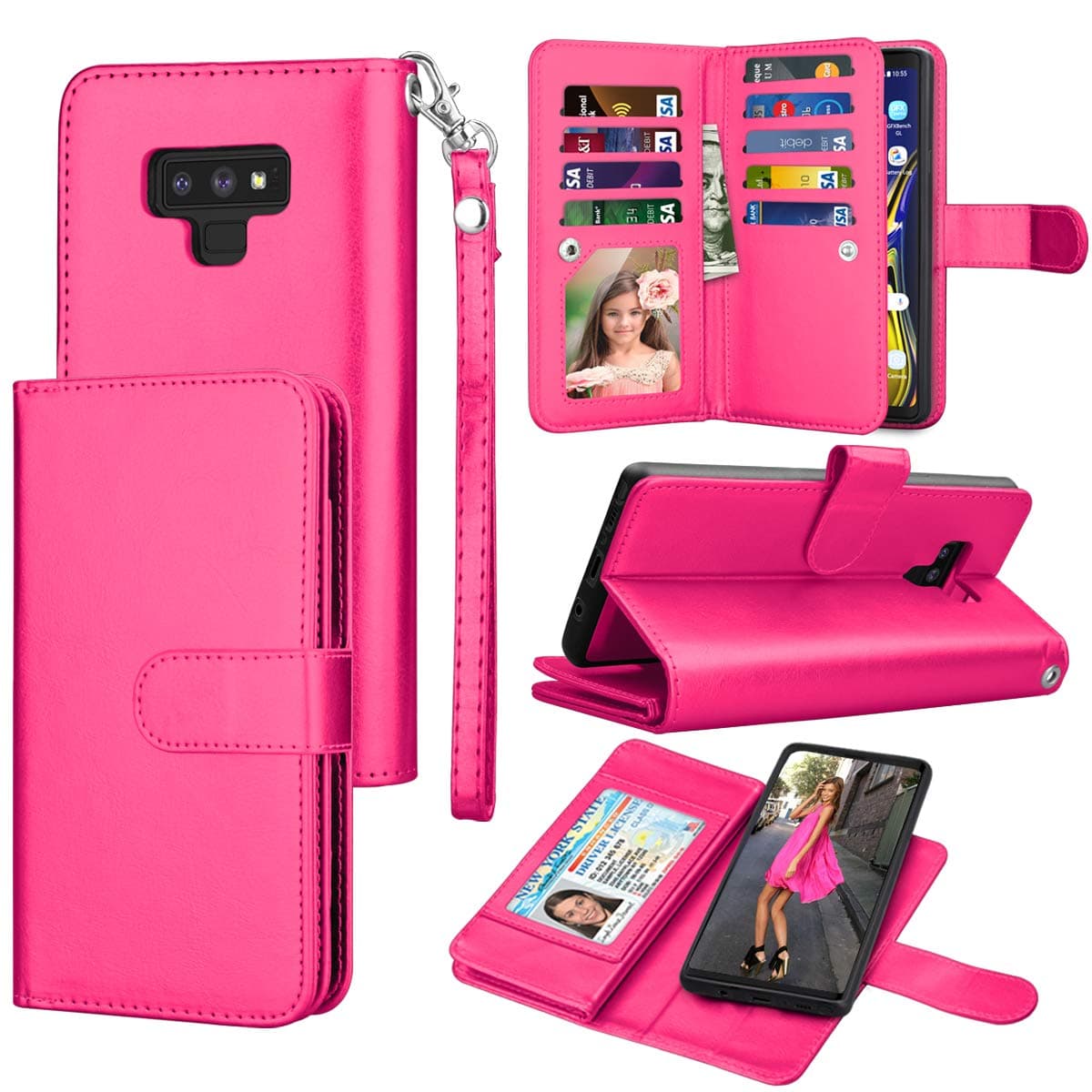 Eutekcoo Galaxy Note 9 Case, PU Leather Wallet Case with [Detachable 2 in 1] [Cash & Card Slots] [Magnetic Closure]& Wrist Strap Kickstand Folio Flip Cover for Samsung Galaxy Note 9/SM-N960-Hot Pink