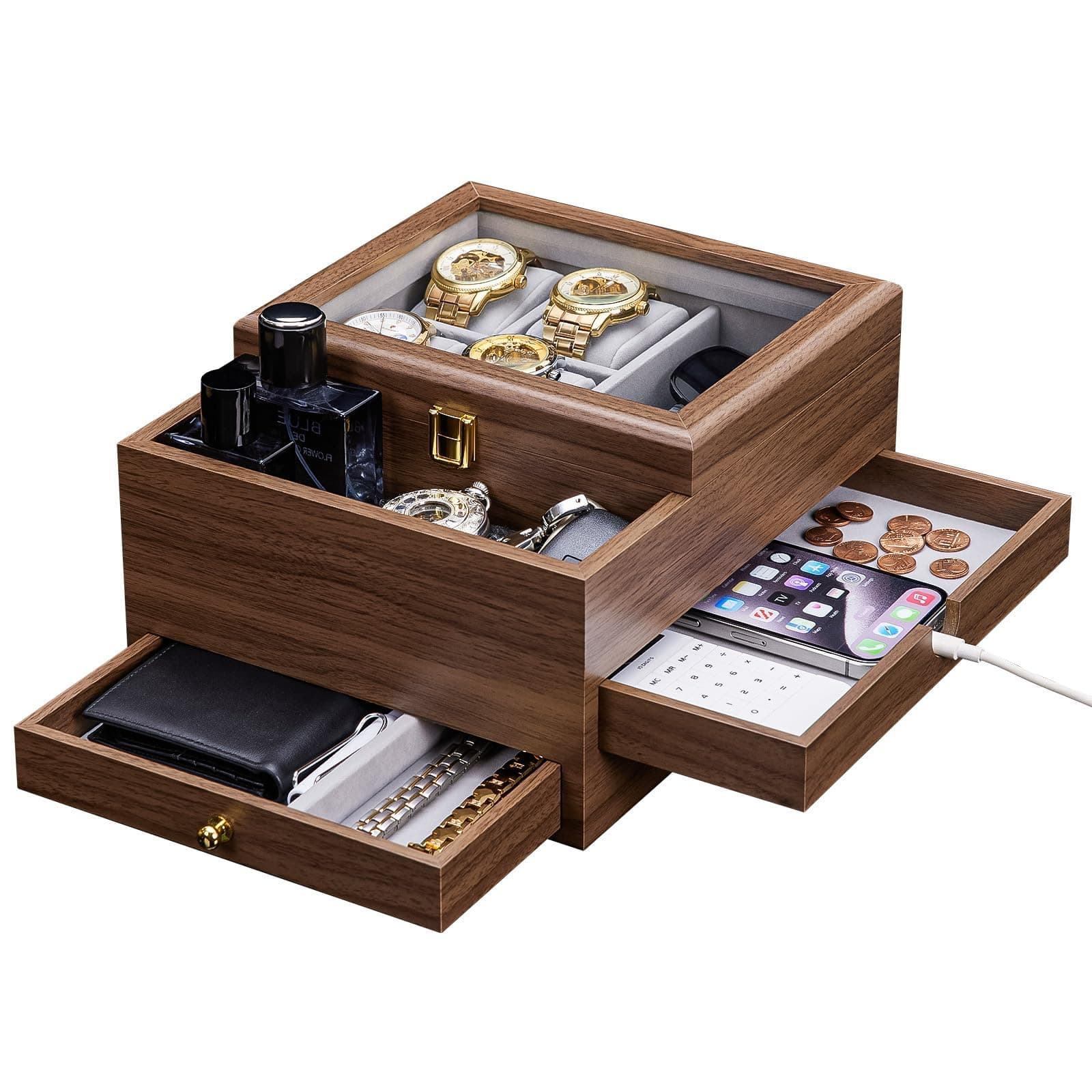Homde Watch Box for Men Jewelry Organizer with Real Glass Watch Case for Ring, Bracelet, Watch, Necklace, Earrings, and Accessories