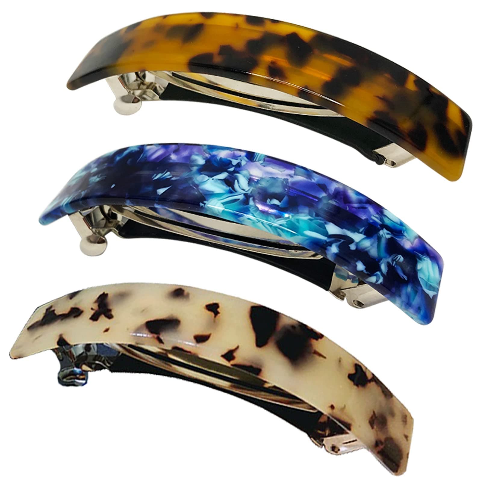 HYFEEL Large French Barrettes for Women Fine Thick Hair, Classic Tortoise Shell Hair Clips Wide Curved Celluloid Ponytail Holder Clamp Fashion Hair Accessories Automatic Clasp Hairgrips 3 Pack