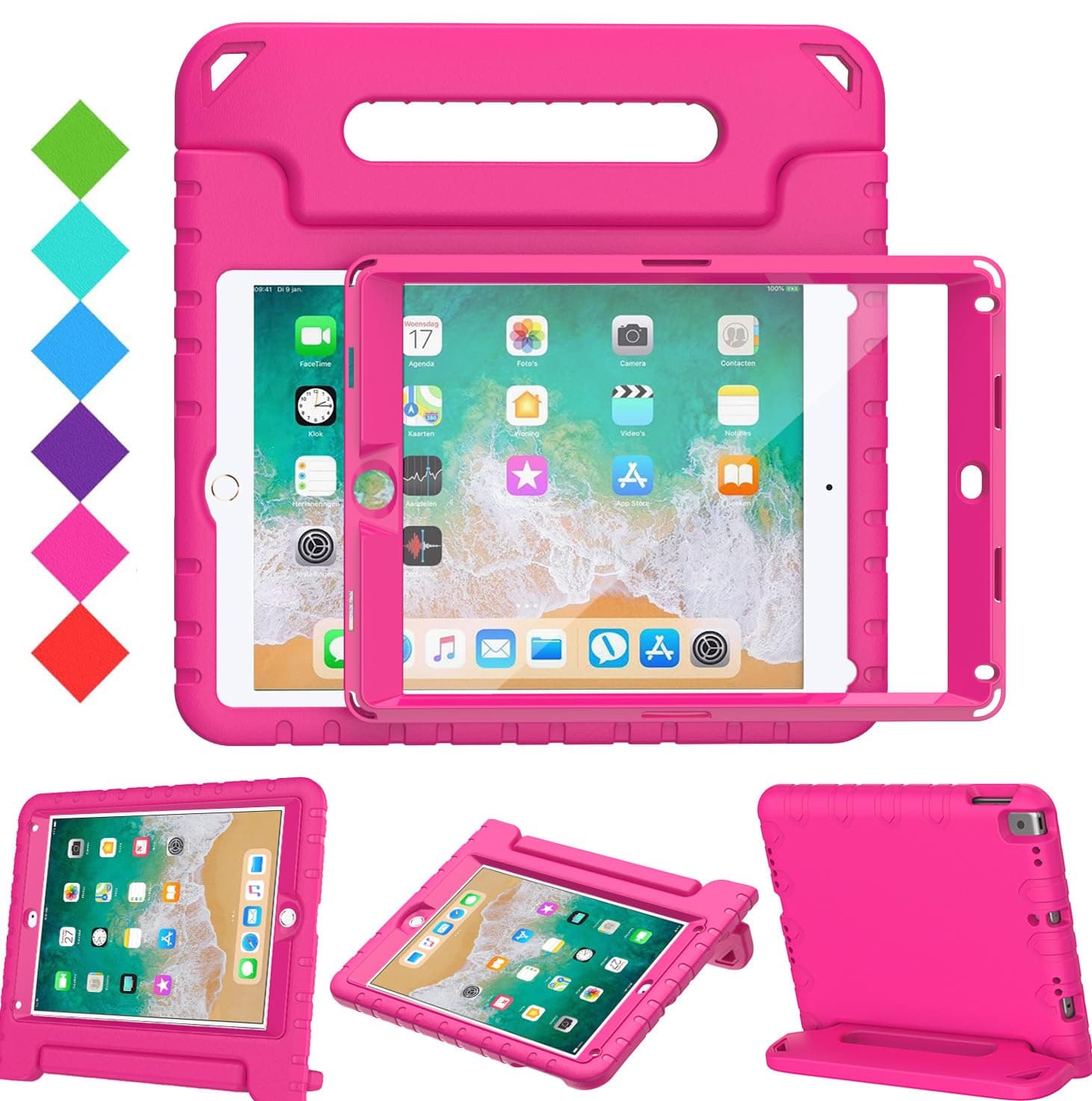 Case with Screen Protector for iPad 9.7 Inch 2018/2017,Shockproof Convertible Handle Stand Kids Case for iPad 5th/6th Generation/Air 2,Rose Pink