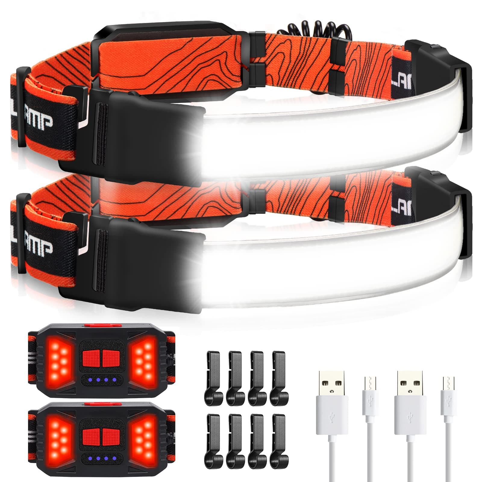 LED Headlamp Flashlight, 2Pack 1000LM 230°Wide-Beam Rechargeable Head Lamp for Adults, Red Taillight & 8 Clips Waterproof Hard Hat Light Headlamps for Running Hiking and Camping