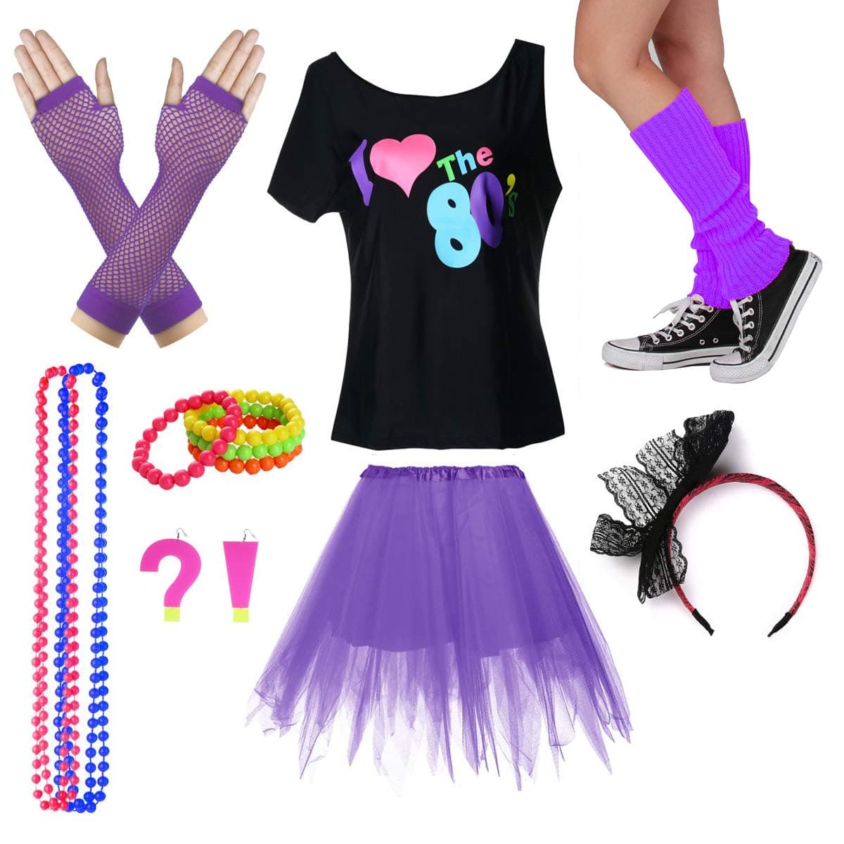 Fun Daisy CostumeI Love The 80's T-Shirt Fancy Outfit Dress for 1980s Theme Party Supplies (S/M, Purple)