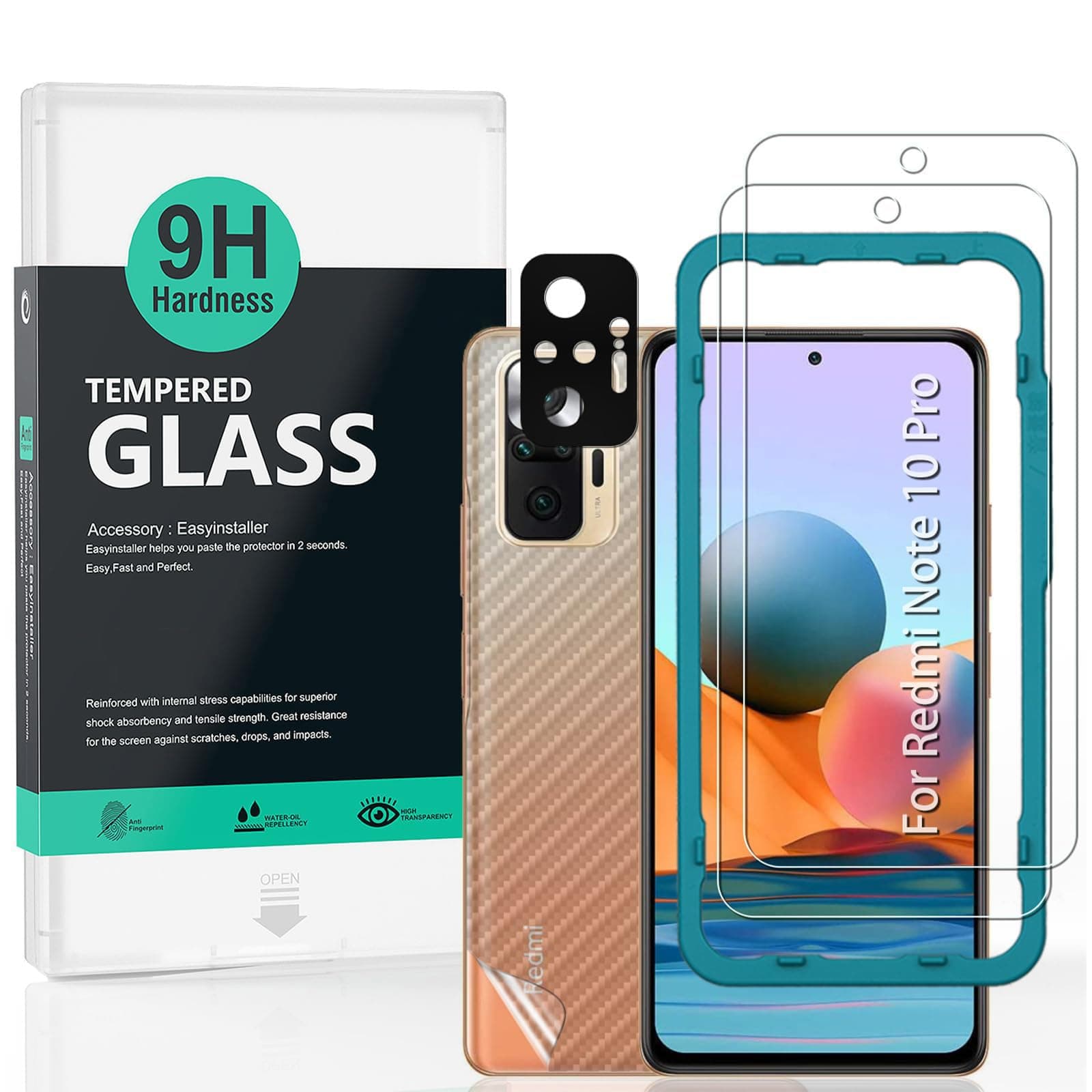 Screen Protector For Redmi Note 10 Pro 4G (6.67 Inches) with 2Pcs Tempered Glass,1Pc Camera Lens Protector,1Pc Backing Carbon Fiber Film [Fingerprint Reader,Easy to install]