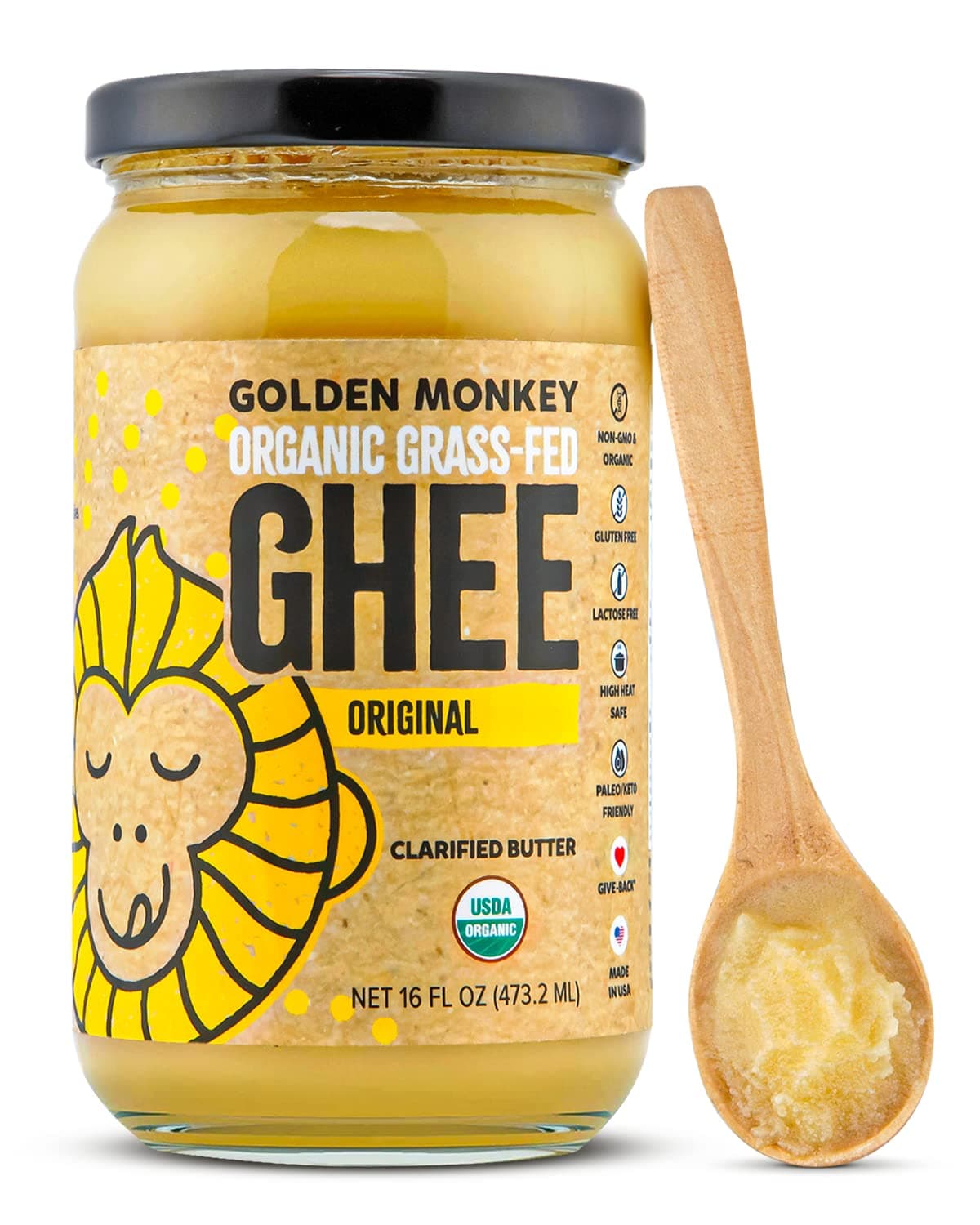 GOLDEN MONKEY Organic Ghee Butter – Grass Fed Clarified Butter for Cooking, Baking, Keto & Gut Health – Ghee Butter Organic Grass Fed from Small Farms – Smooth Spread with High Smoke Point (16oz)