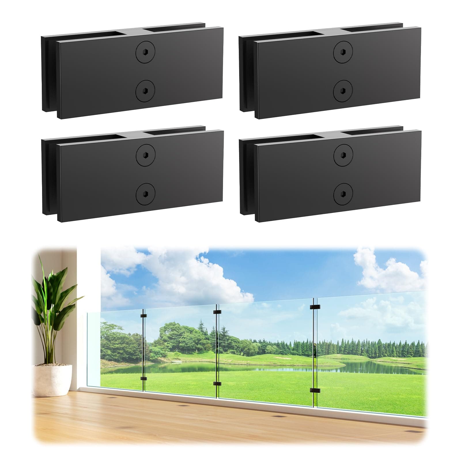 LukLoy 4 Pack Heavy Duty Railing Glass to Glass Clamp, Black T304 Stainless Steel with Dual Powder Coating – No Drill, 180° Angle for Frameless Glass Railing, Pool Fence, Balustrade, Indoor & Outdoor