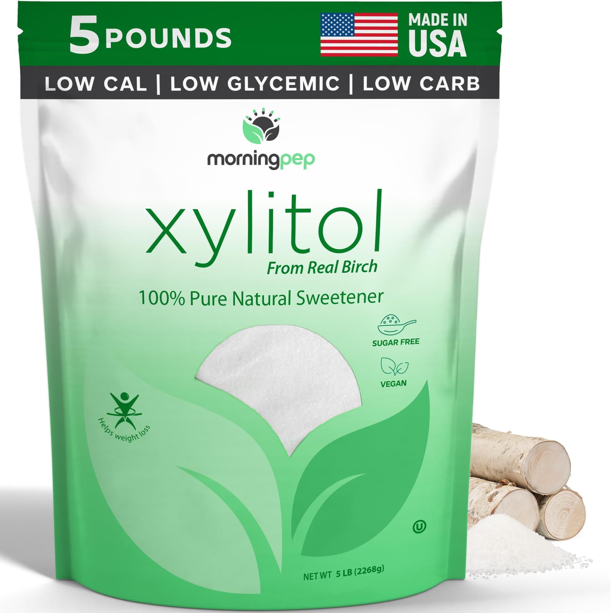 Morning Pep Pure Birch Xylitol (Keto Diet Friendly) Sweetener with no Aftertaste 5 LBs (Not from Corn) Non GMO Kosher Gluten Free Product of USA. 80 Onces