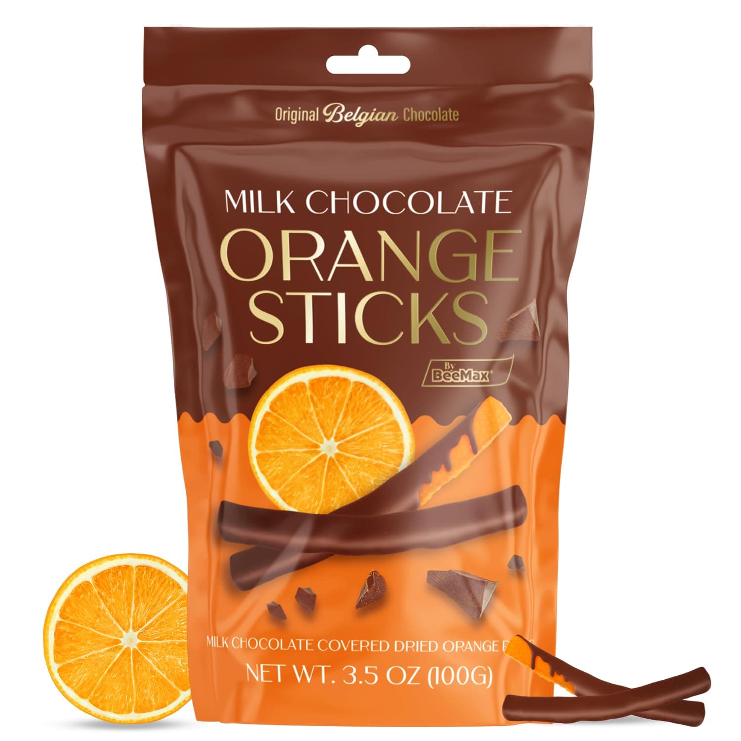 BeeMax Milk Chocolate Covered Dried Orange Sticks - 3.5 oz Resealable Pouch (Pack of 1) - Non-GMO, Premium Belgian Chocolate Covered Fruit Sticks - Great for Snacking, Gifting & Dessert Treats