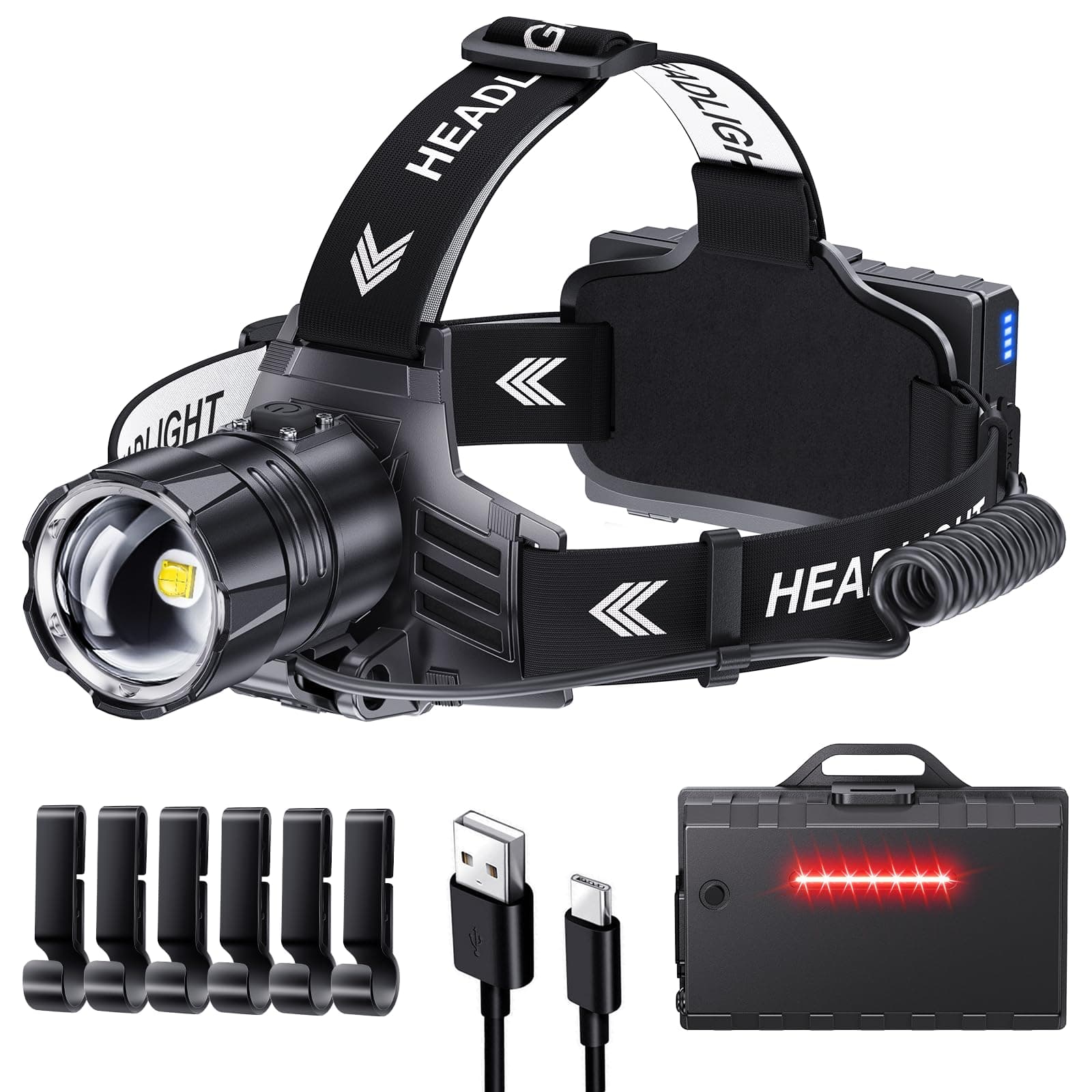 99000 High Lux LED Rechargeable Headlamp, 95H Long Battery Life Head Lamp with 5 Modes & IPX7 Waterproof & Zoomable, 120° Adjustable Head Light for Adults, Outdoor, Camping, Hardhat