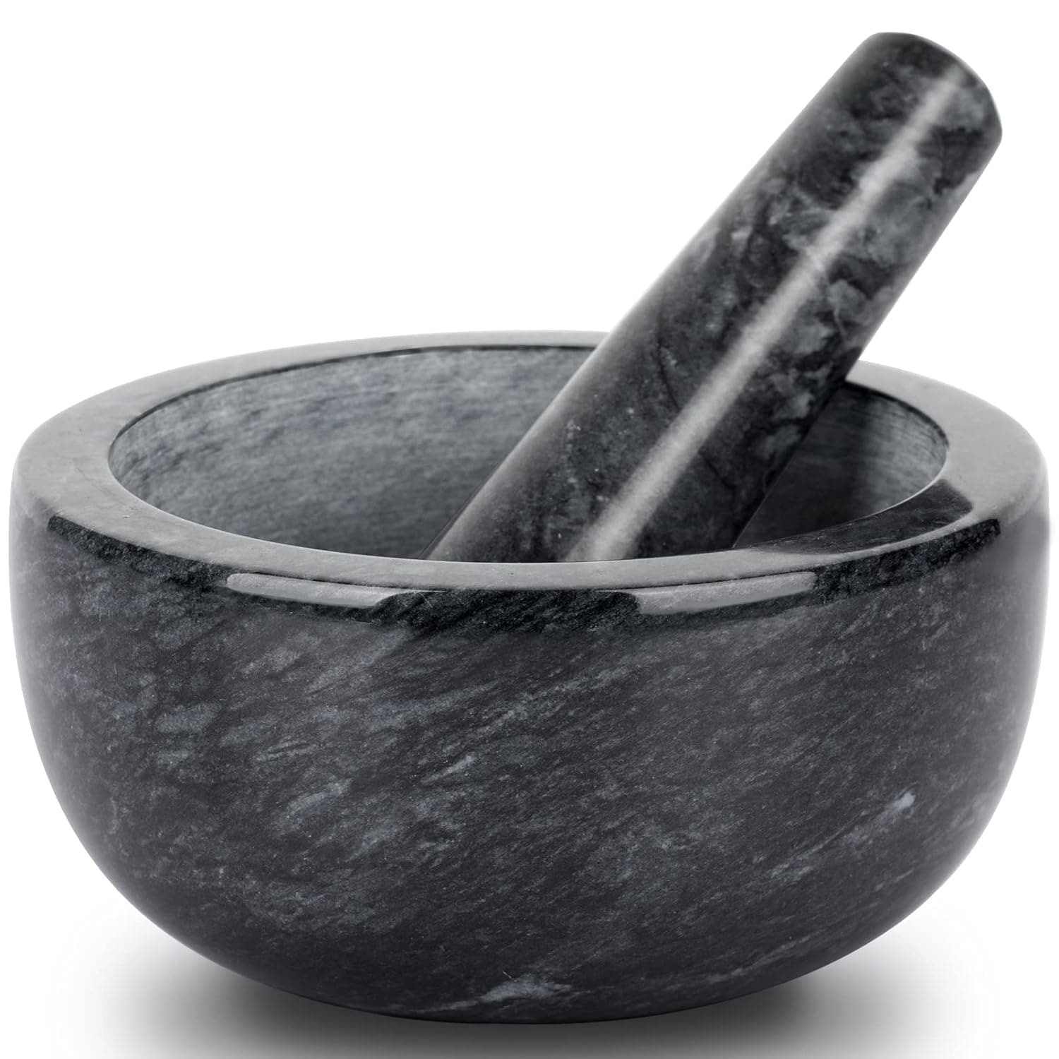 Tera Marble Mortar and Pestle Set Large Solid Stone Grinder Spice Herb Grinder Pill Crusher (Black, Diameter 5.5")