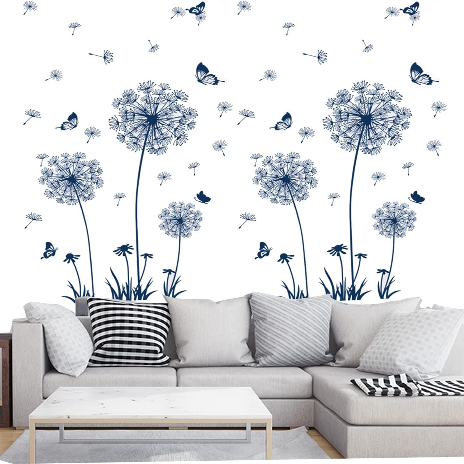 2 Set Dandelion Wall Decals Peel and Stick Blue Dandelion Wall Stickers Large Floral Wall Stickers & Murals Flower Wall Decals for Living Room Bedroom Bathroom Restroom Roommates Vinyl Wall Art
