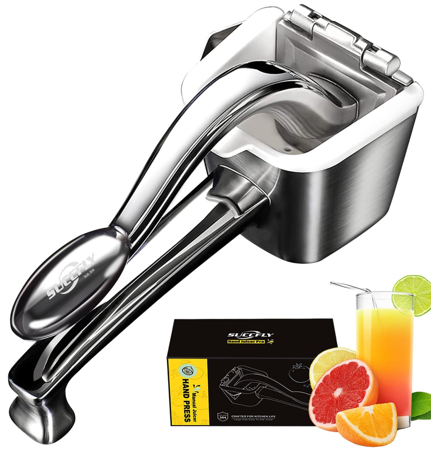 SUCCFLY Lemon Squeezer Stainless Steel, Manual Juicer Citrus Lime Orange Fruit Squeezer Heavy Duty Ergonomic Handle Labor-saving Large Capacity Juice Press Hand Handheld Juicer (5 Year Warranty)