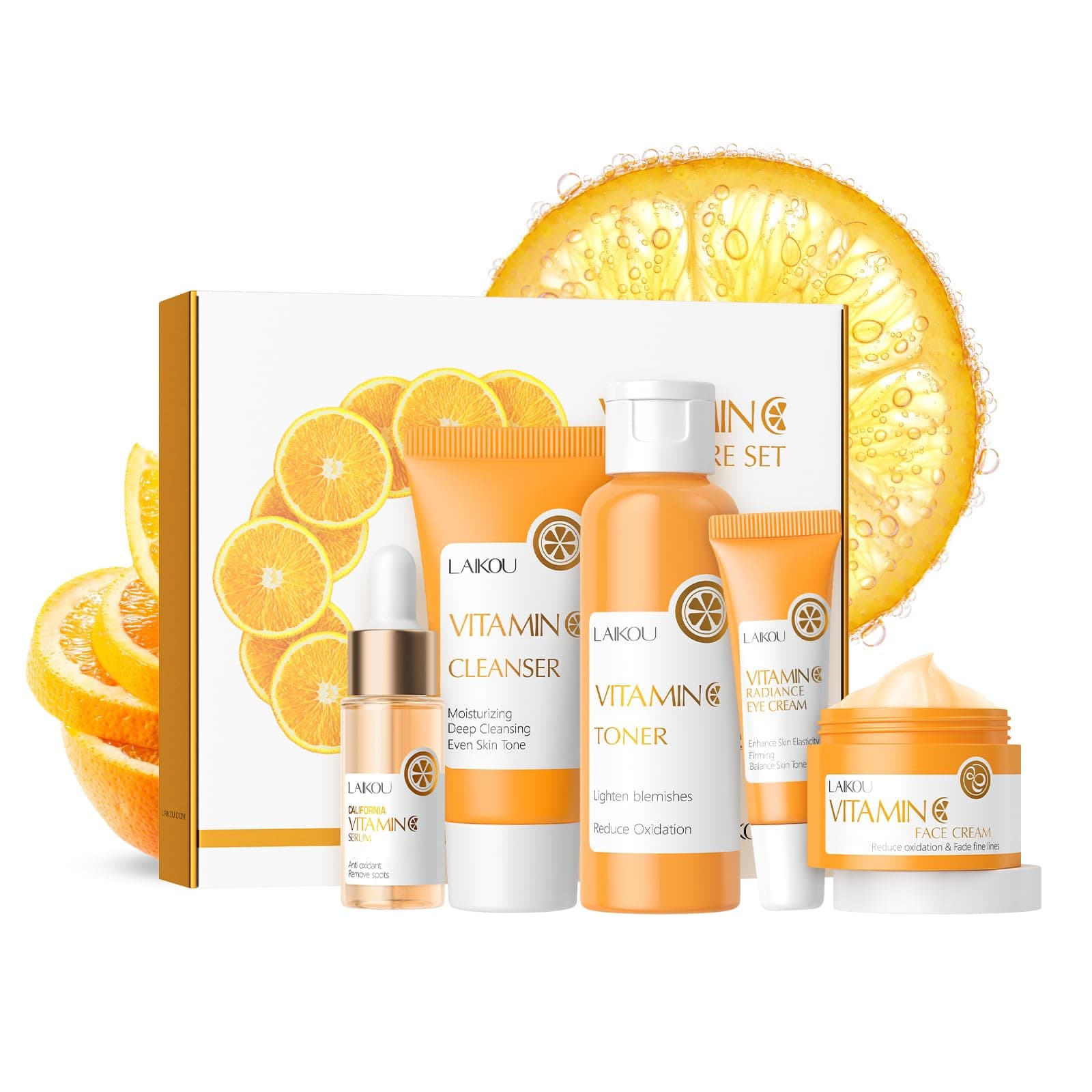 LAIKOU Vitamin C Skin Care Set, 5 Pcs Skincare Kit for Women, with Vitamin C Serum for Face Toner Eye Cream Face Cream Cleanser, Skin Care Gift Set for Women Teenage Girls Mom Daughter