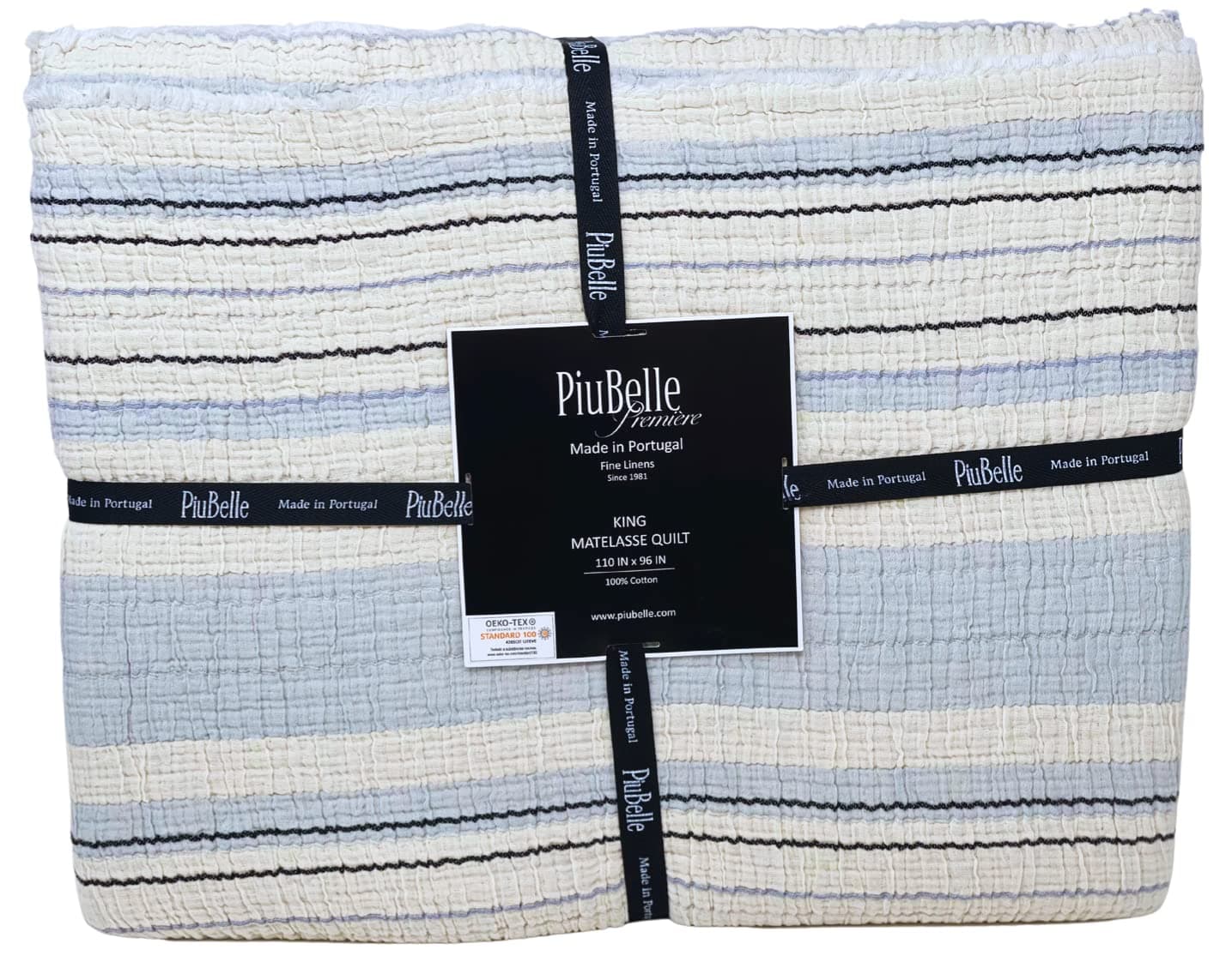 Piubelle Piu Belle Portugal Luxury Soft 100% Cotton Matelasse Quilt Coverlet Ocean Stripe Light Blue Cream Black Fringed Edge (King (U.S. Standard))