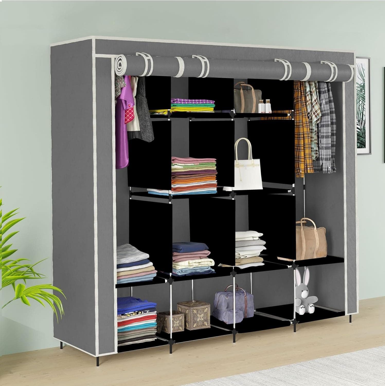 GTC 12 Shelves Fancy Layer Collapsible Wardrobe Portable Almirah Foldable Racks for Clothes Cupboard Cloth Organizer Non Rustable Iron and PP Plastic (Self Assemble) (88170) (Grey)