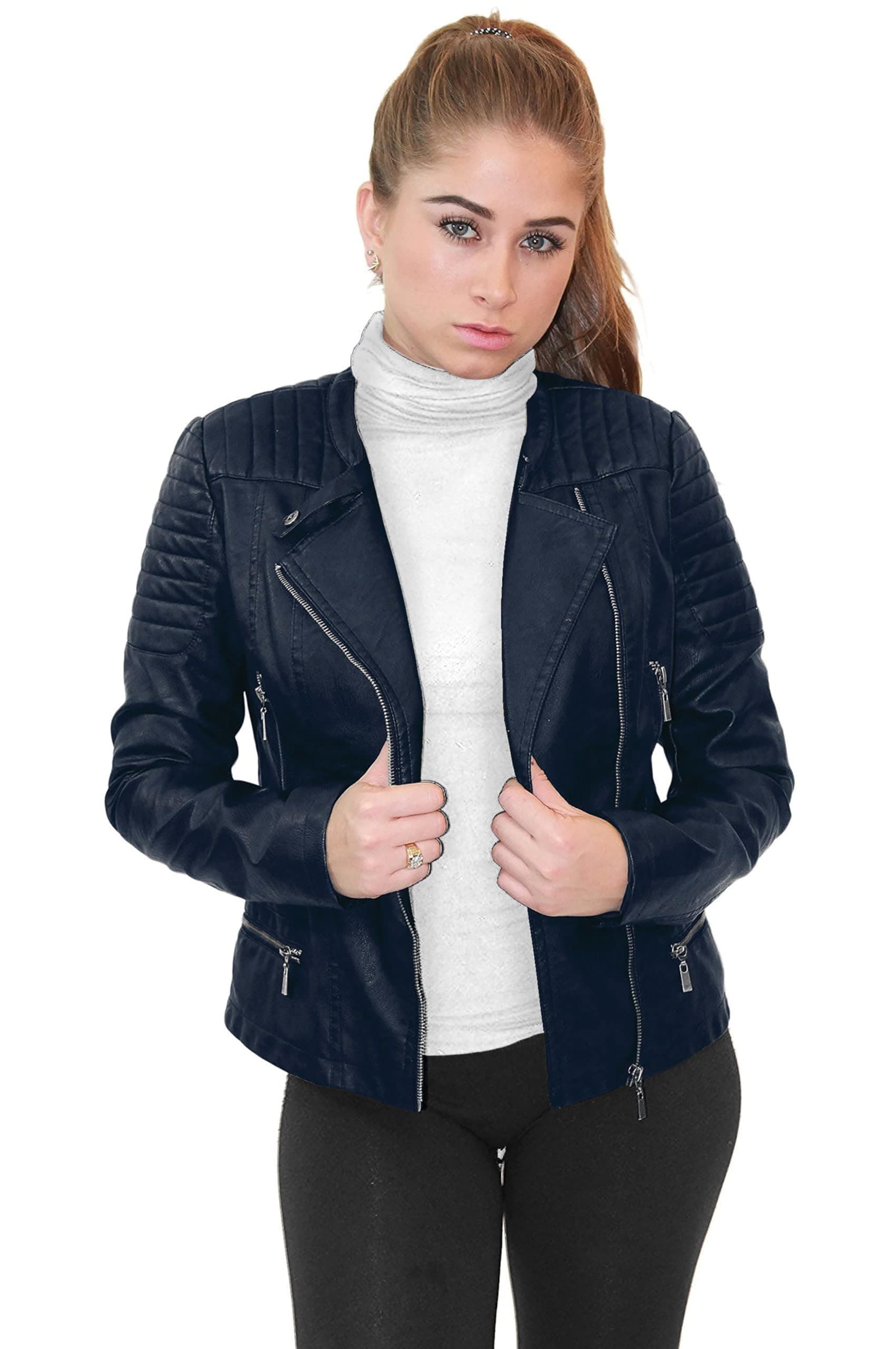 Olivia MillerWomens Faux Leather Zip Up Moto Biker Jacket