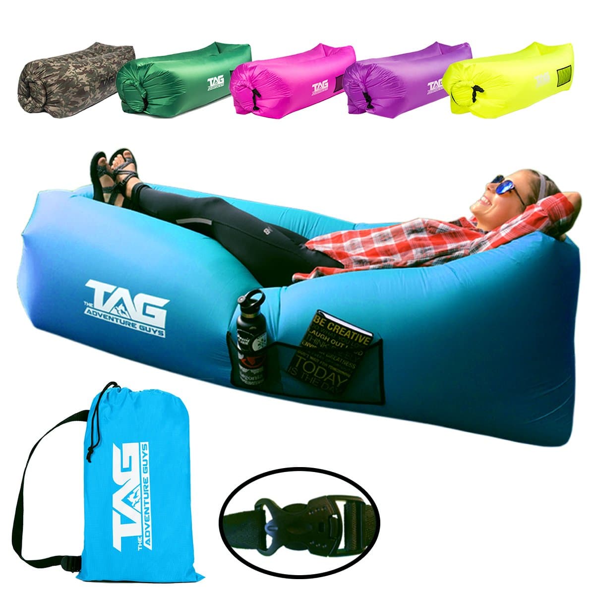 Inflatable Lounger Air Sofa - Seconds to Inflate & Puncture Resistant w/ Metal Securing Stake + 3 Pockets - Air Lounger Inflatable Couch Perfect for Outdoors, Camping, Beach, Park or Pool
