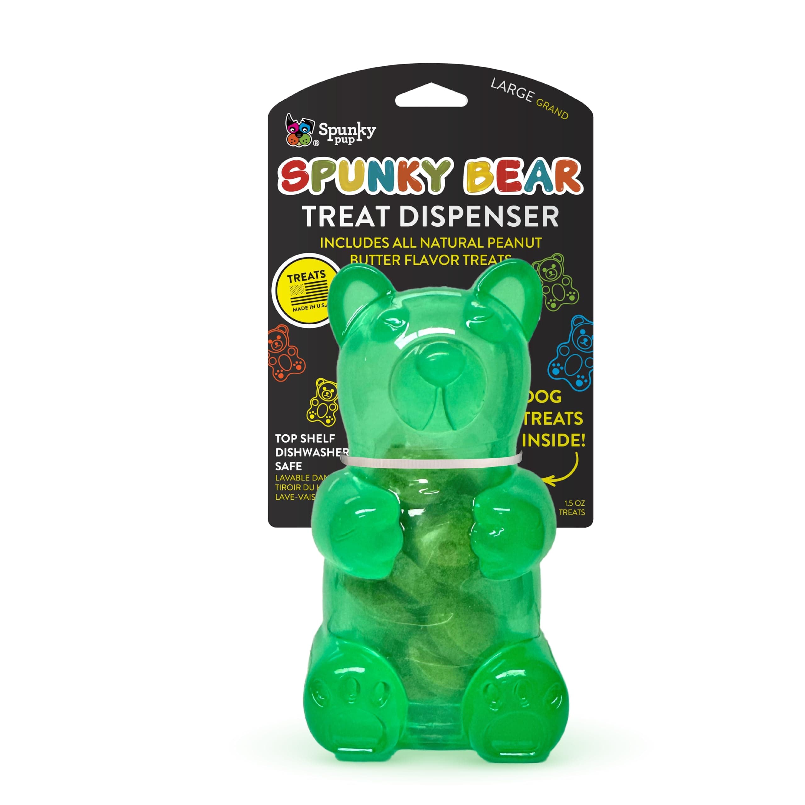 Spunky Bear Interactive Dog Toys with Treats Included - Treat-Holding Puzzle for Boredom & Stimulation - Peanut Butter Flavor - Dishwasher Safe - Assorted Neon Colors- Large