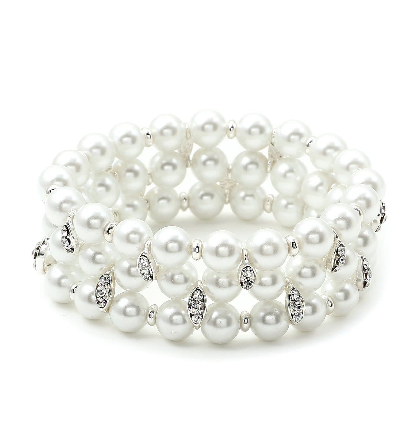 Silver Crystal Rhinestone Accents on White Pearl 3 Strand Row Stretch Bracelet